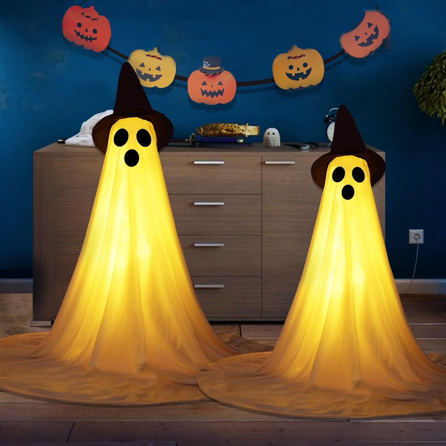2 Packs Halloween Ghost Outdoor Decorations, 59โ Light Up Ghost Decor with Remote Control, Adjustable Height Standing Halloween Lighted Ghost Kit with Witch Hat Ideal for Porch, Garden, Yard