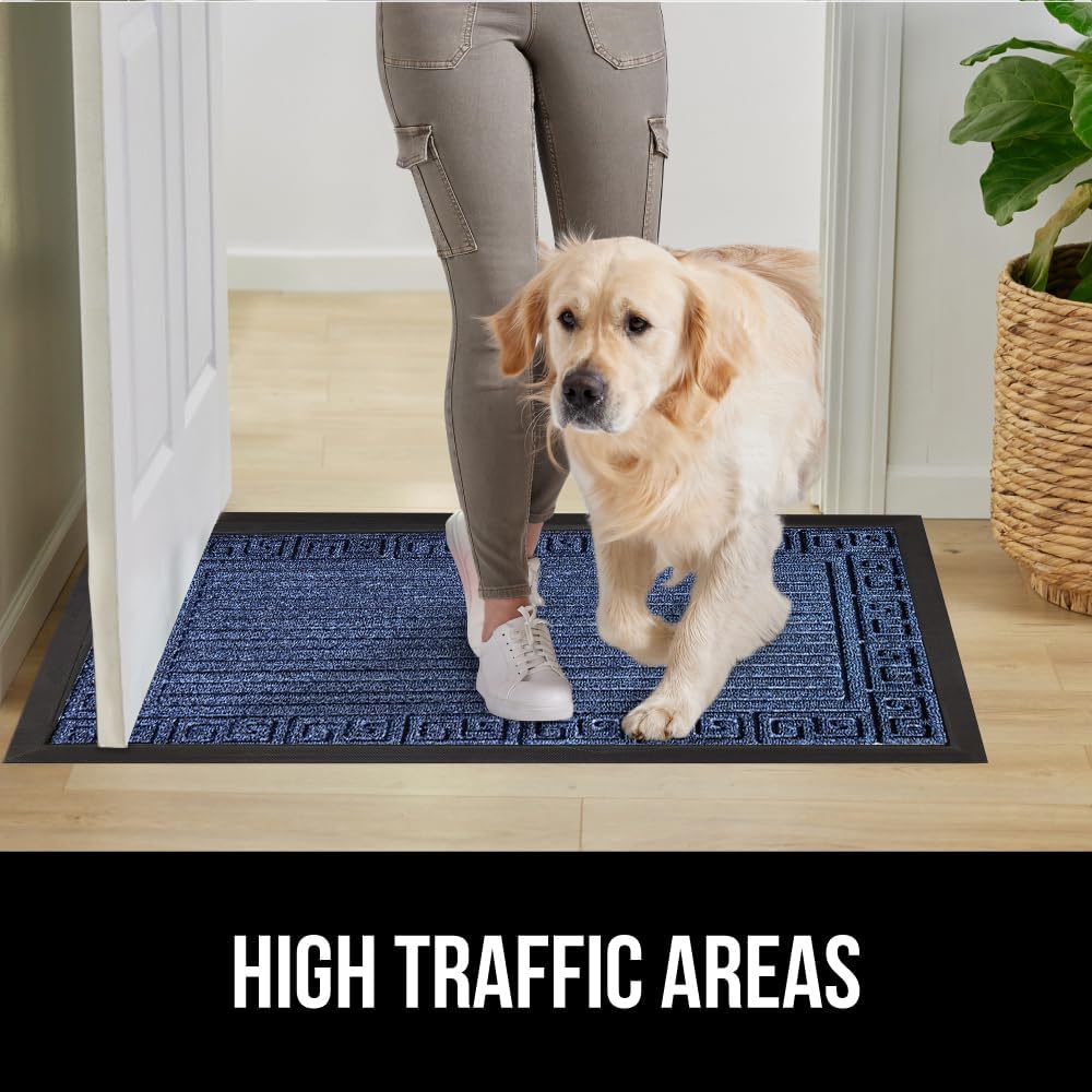 GORILLA GRIP 100% Waterproof All-Season WeatherMax Doormat, US Designed Natural Rubber, Stain and Fade Resistant, Low Profile Indoor Outdoor Door Mats, Easy Clean Patio Mat, 17x29, Navy Greek Keys
