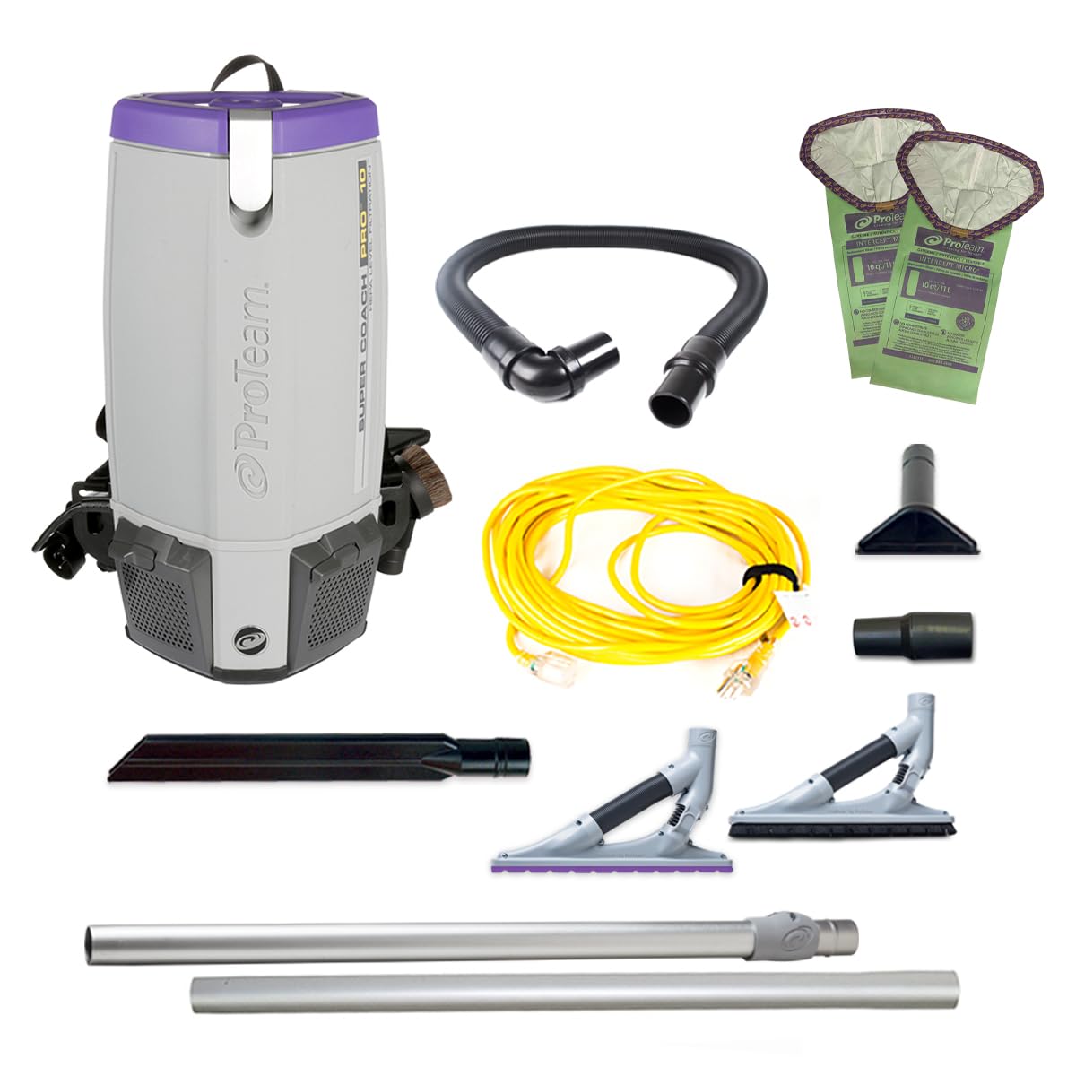 ProTeam Super Coach Pro 10 Commercial Backpack Vacuum with ProBlade Hard Surface and Carpet Tool Kit, 10 Quart, Corded, 107538