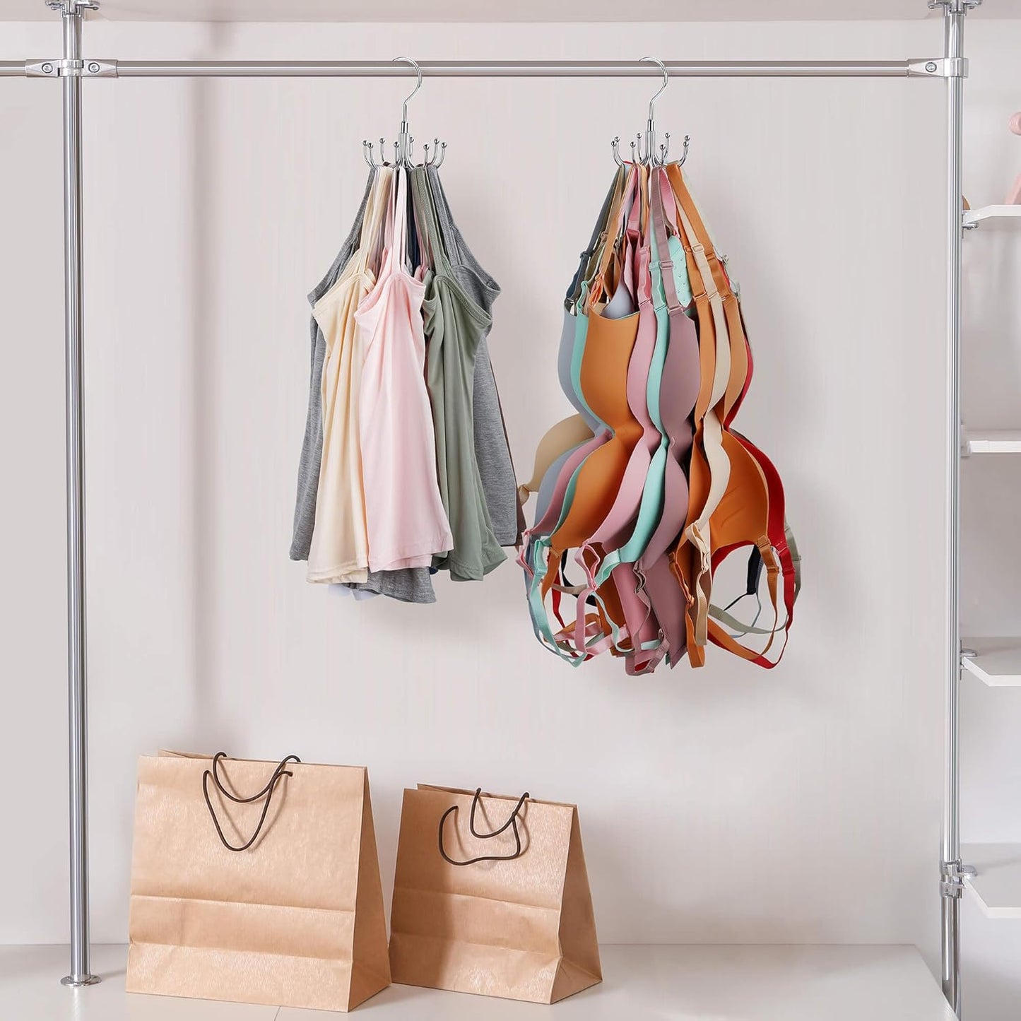 ZEDODIER Tank Top Hanger, Rotatable Bra Organzier for Closet, Max 24 Storage Capacity Sport Bra Holder, Metal Space Saving Closet Organizers and Storage, Silver
