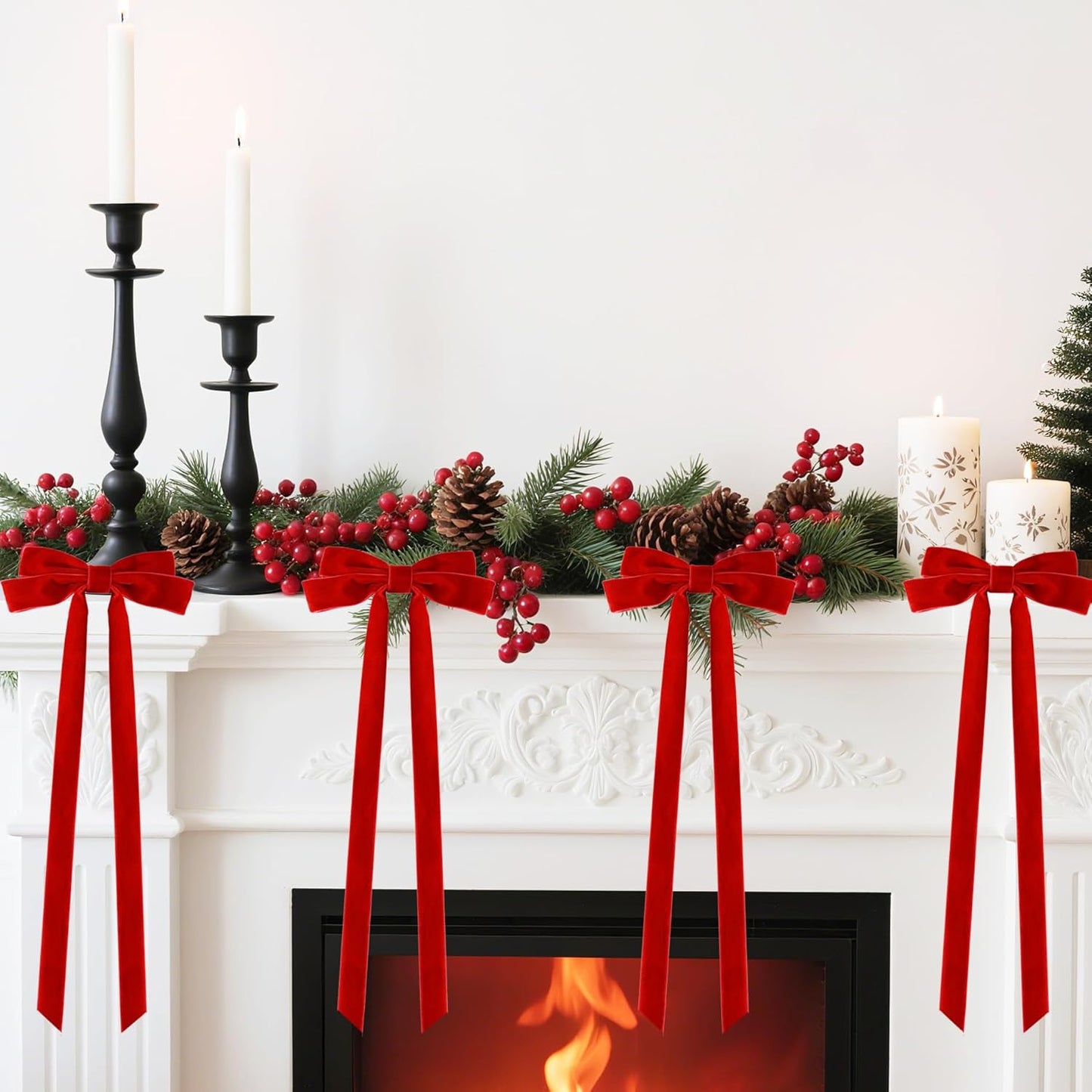 Senjie 10Pcs Large Velvet Christmas Tree Bows, 20in x 8in Premade Vintage Ribbon Tree Topper Bows Ornaments for Staircase Garland Wreath Holiday Home DIY Crafts Decorations, Red