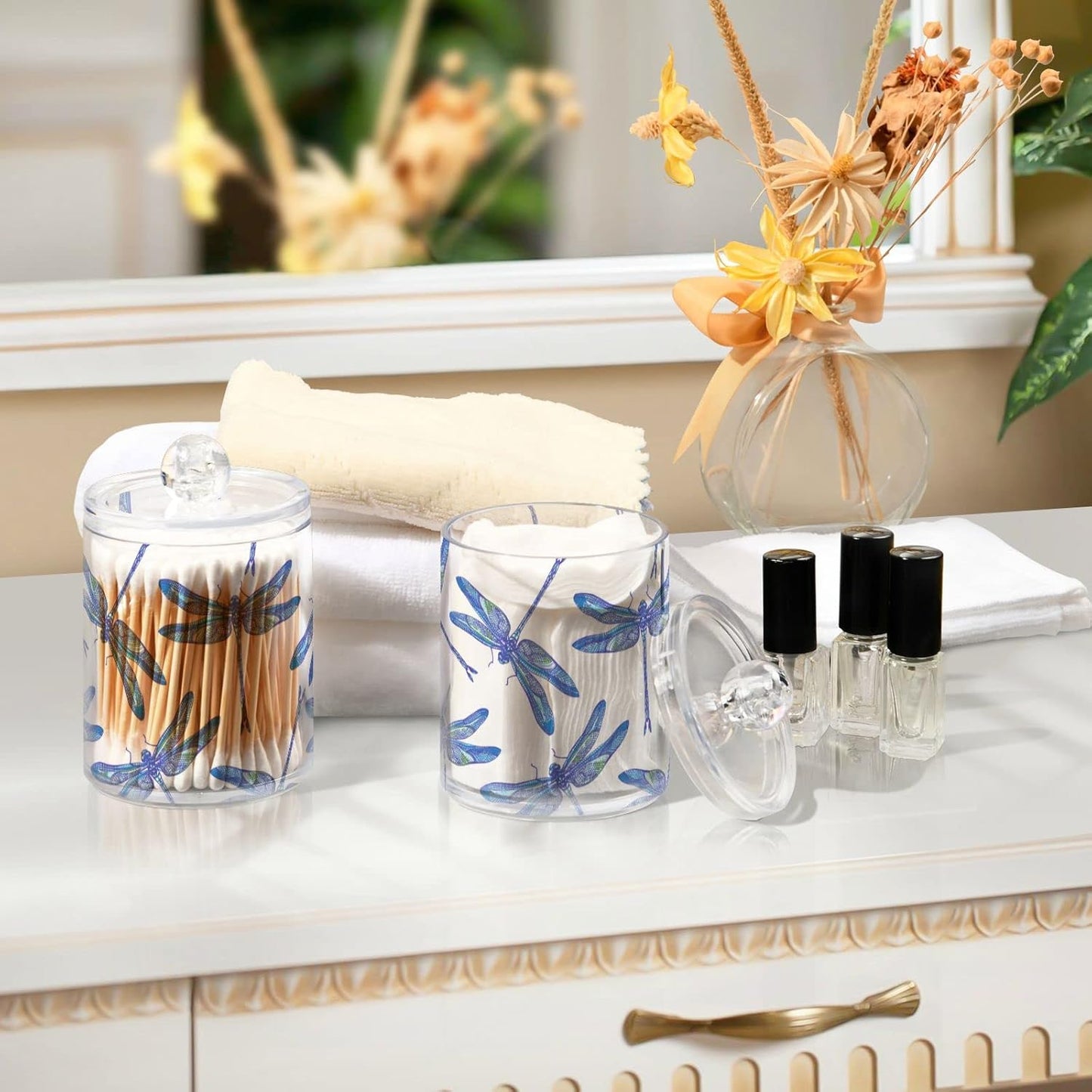 2 Pack Qtip Holder Organizer Dispenser Dragonflies Bathroom Storage Canister Cotton Ball Holder Container for Cotton Swabs/Pads/Floss