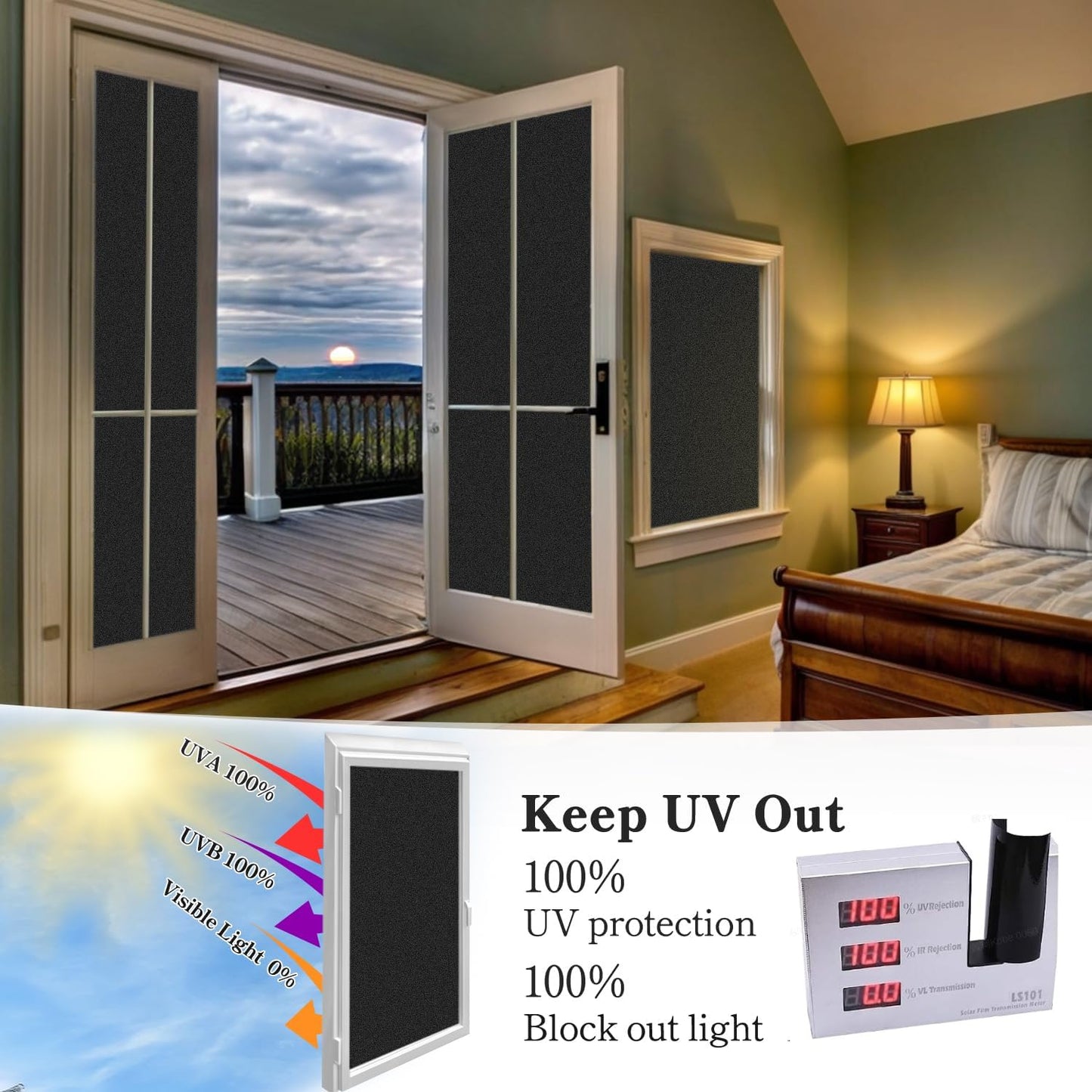 DUOFIRE Blackout Window Film Completely Light Blocking Privacy Window Film Room Darkening Frosted Tint Films for Day Sleep, Non Adhesive Static Cling Films DT-C009 (23.6 x 157.5 Inch)