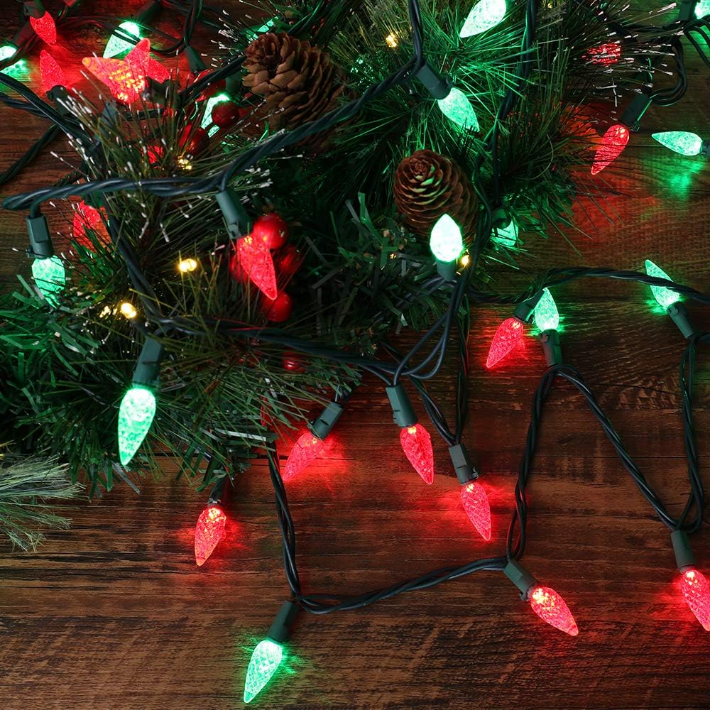 Brizled Red & Green C5 Christmas Lights, 33ft 100 LED Christmas Lights, Connectable 120V UL Certified Mini Christmas Lights Set Faceted Xmas Lights for Chrsitmas Tree Party Roof Indoor Outdoor Decor