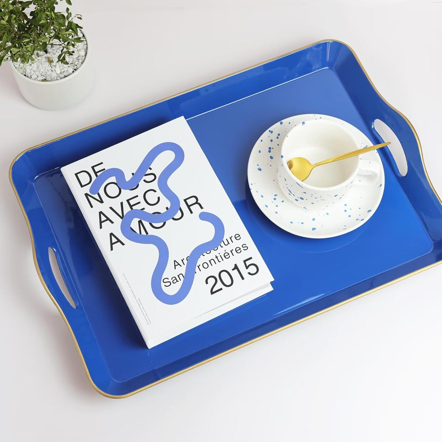 Spsyrine Large Blue Serving Tray with Handles, Plastic Decorative Tray for Coffee Table, Ottoman, Bathroom, Home Decor 17.3"*11.8"*2"