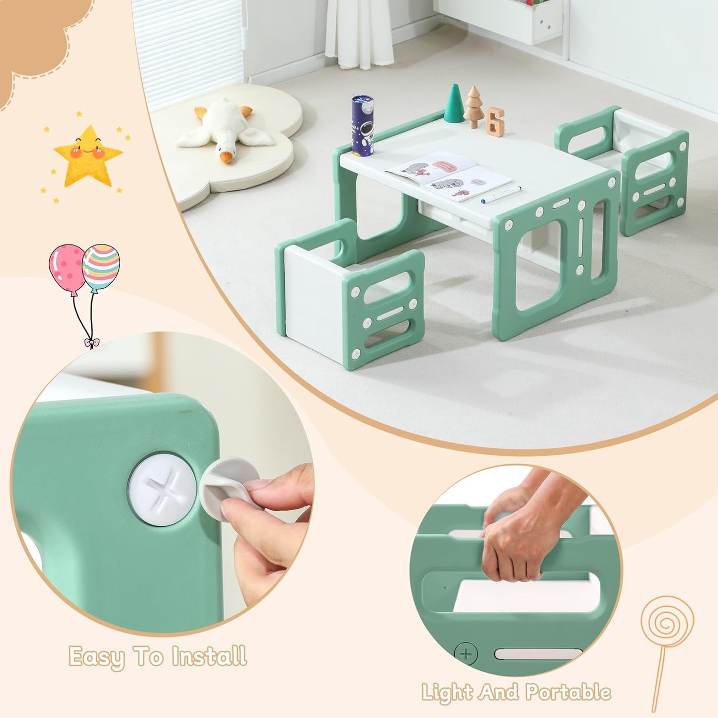 3 in 1 Montessori Weaning Table and 2 Chairs Set, Kids Activity Table Set, 2 Height Levels, Toddlers Activity Table for Drawing, Dining, Reading and Playing, Green