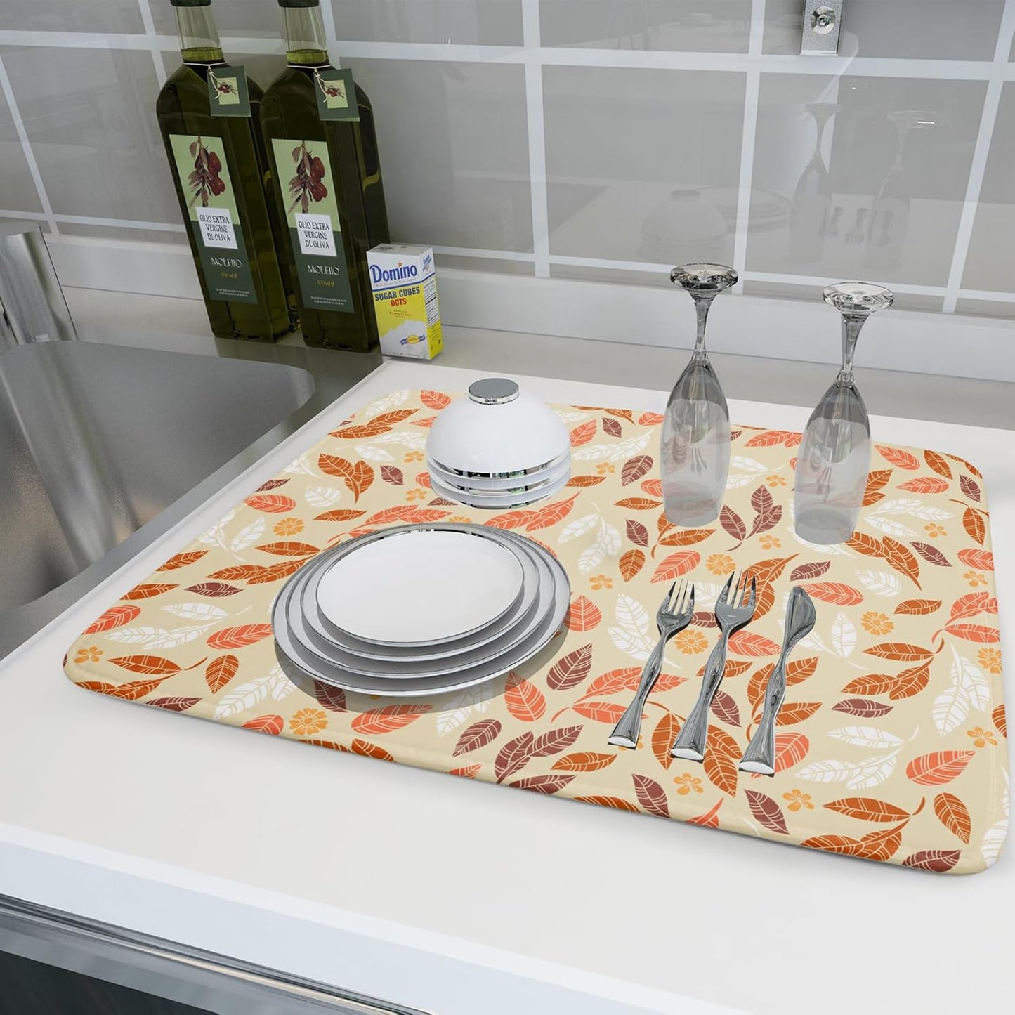 Fall Leaves Dish Drying Mat for Kitchen Counter Autumn Orange White Leaves Seasonal Super Absorbent Reversible Microfiber Kitchen Countertop Protector Dishes Pad Large 18x24 inch