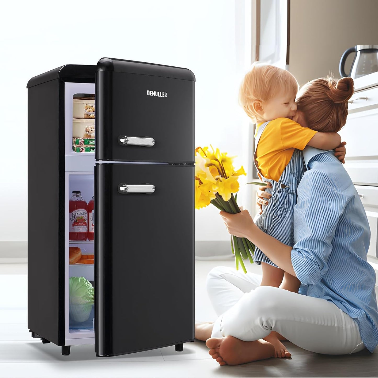 Mini Fridge Dual Door Refrigerator with Freezer, 3.5 Cu.Ft Compact Refrigerator with Handle, Adjustable Temperature & Removable Glass Shelves, for Apartment/Dorm/Office/RV, Black