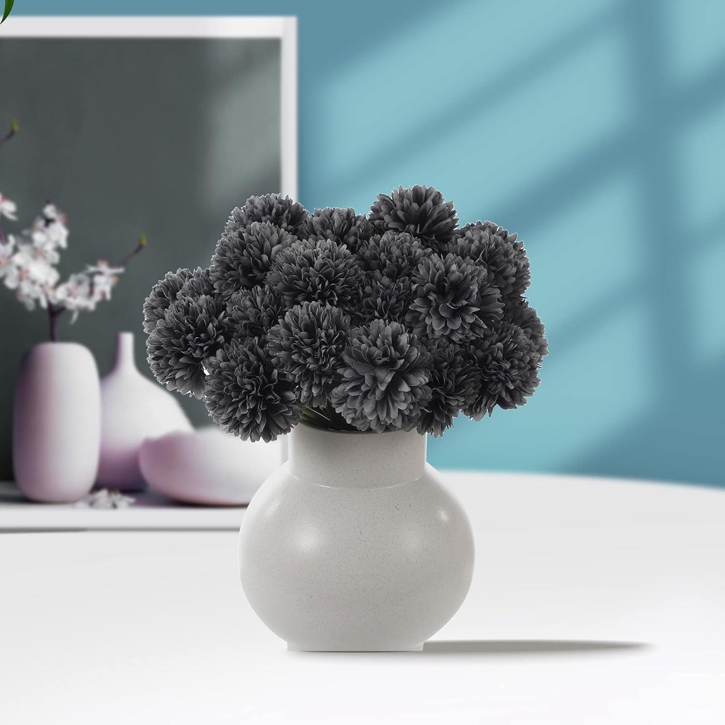 Kimura's Cabin 20Pcs Faux Mums Flowers Artificial Silk Chrysanthemums Fake Ball Flower for Halloween Fall Home Kitchen Table Decor Arrangement Decoration Bouquets (Grey Black)