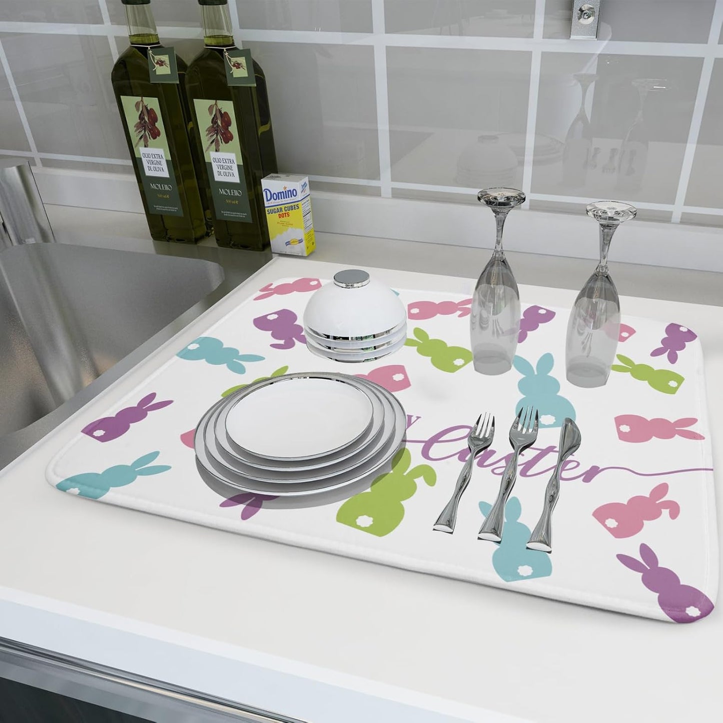 Easter Dish Drying Mat for Kitchen Counter Colorful Bunny Rabbit Festival Holiday Seasonal Absorbent Reversible Microfiber Kitchen Countertop Protector Dishes Pad Large 18x24 inch