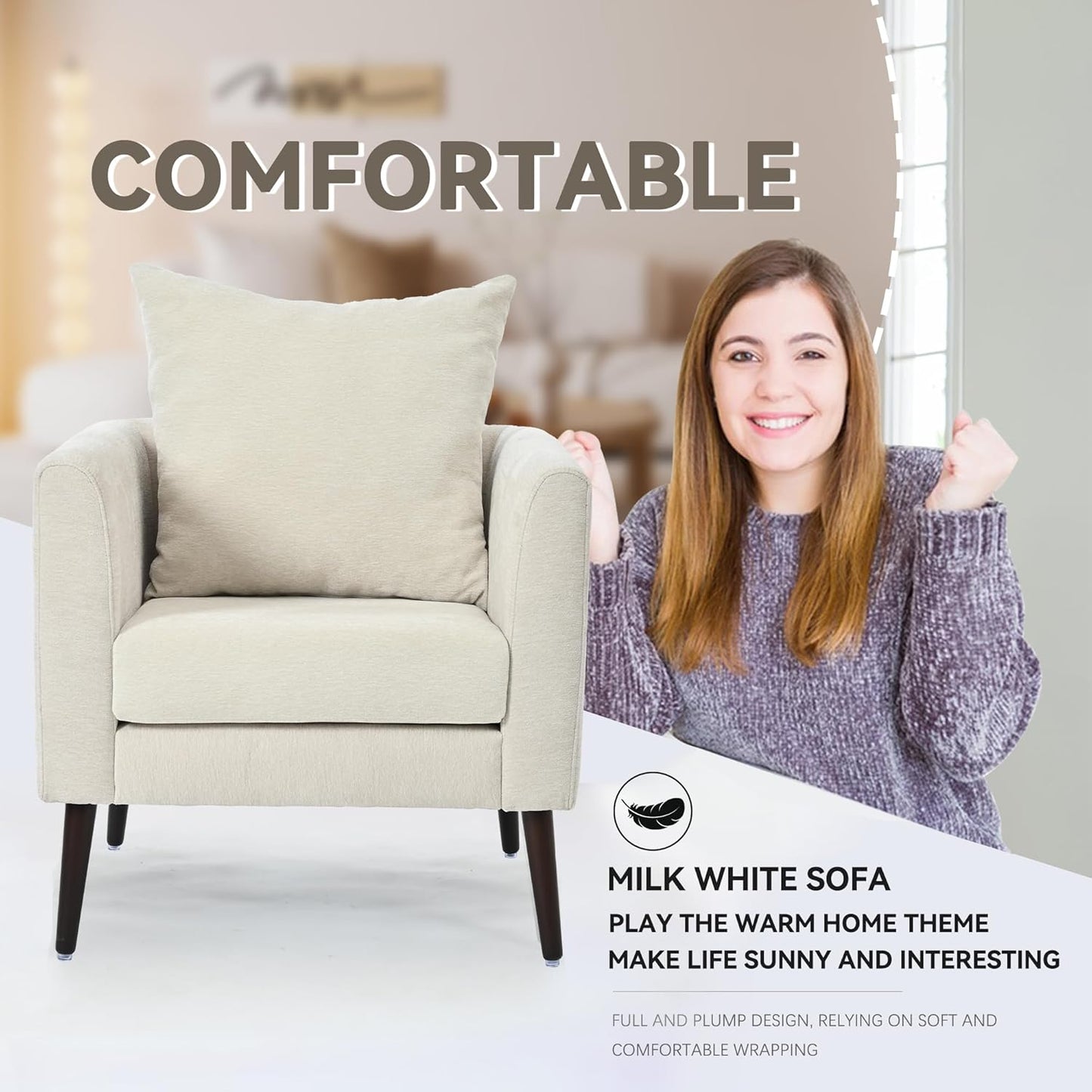 Barrel Accent Chair with Back Pillow, Large Upholstered Armchair with Solid Wood Legs Modern Reading Chairs for Living Room Bedroom