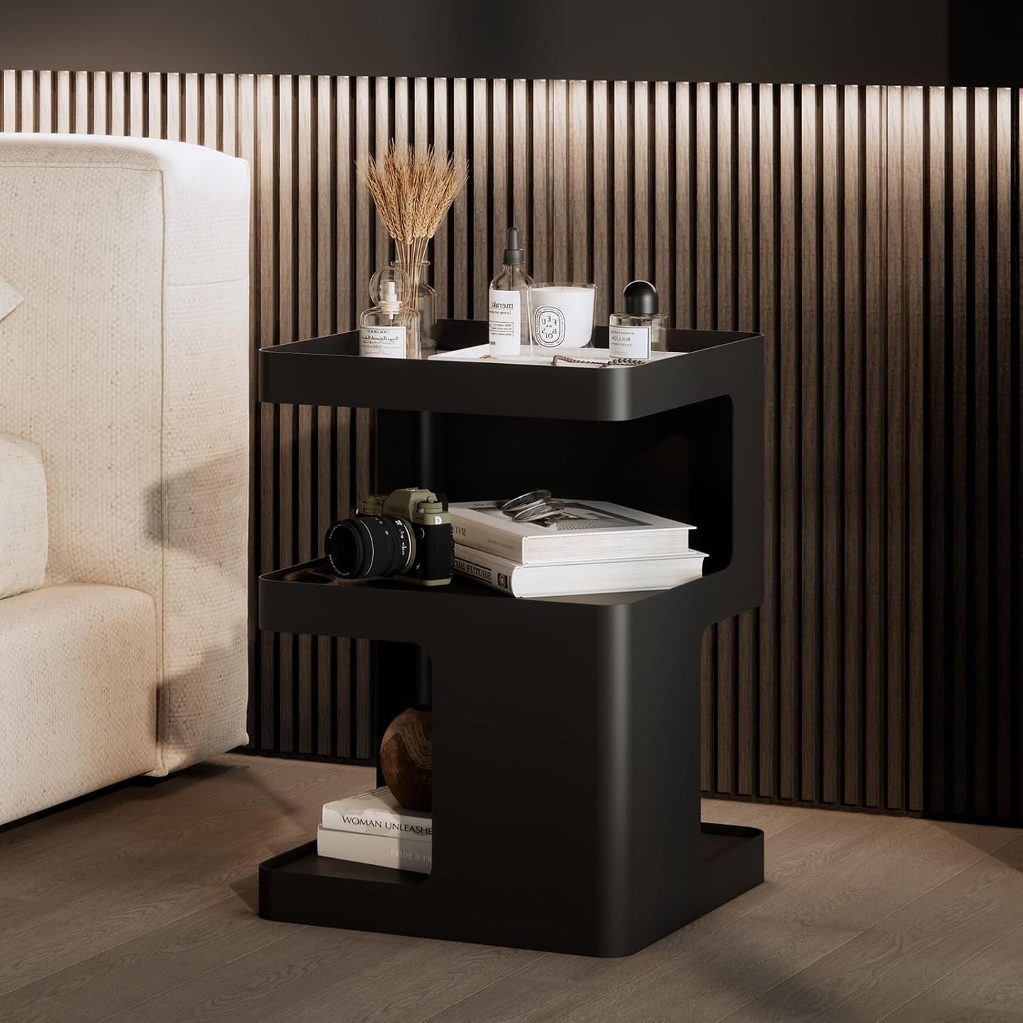 Modern Side Table,Small end Tables for Small Spaces,Black Metal nightstand,Bedside Tables,Accent Table with Storage for Couch, Bedroom,Living Room.No Assembly Required