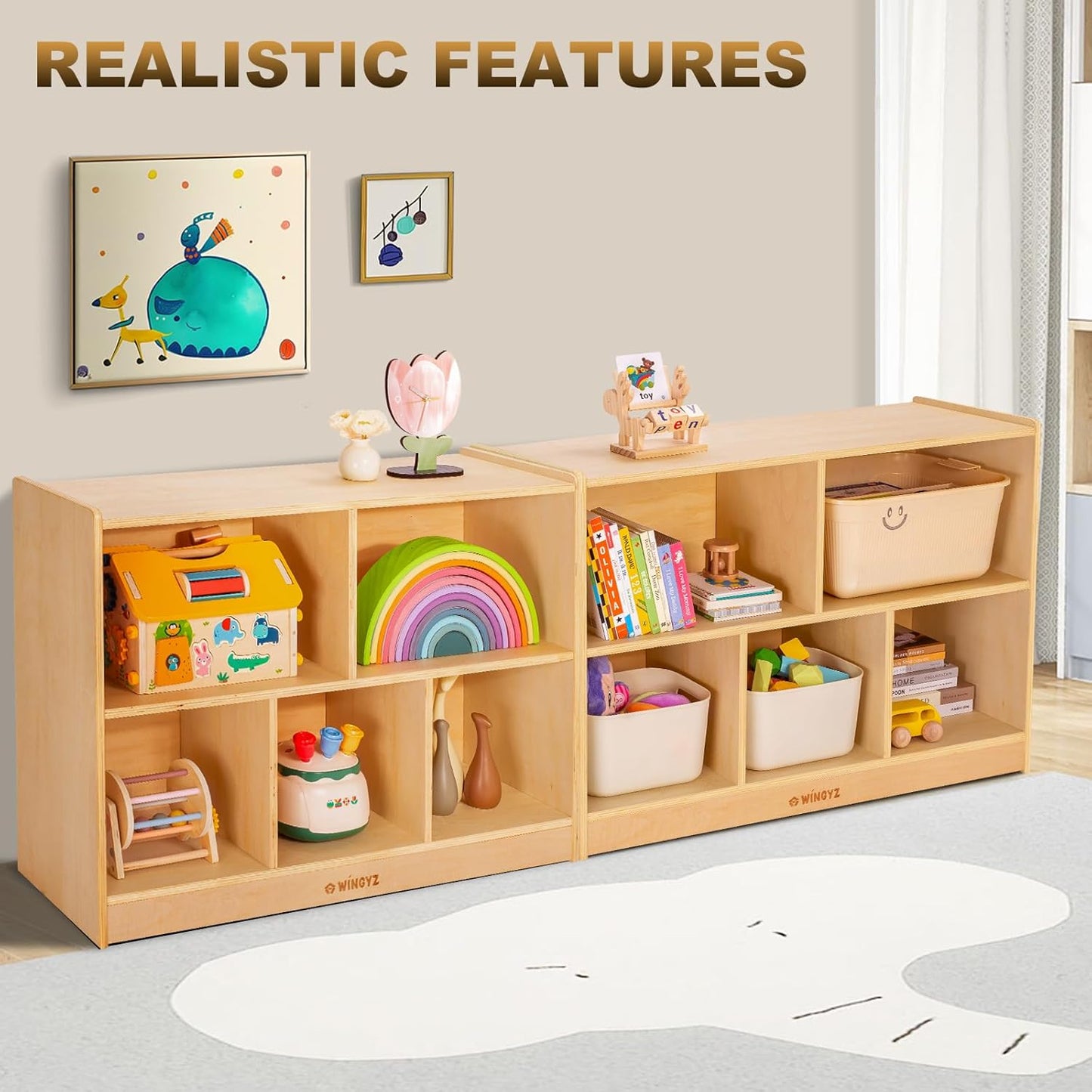 wingyz Wood Storage Shelf Organizer, 35.4" L, 5-Section Montessori Kids Toy & Book Shelf, Wooden Cabinet for Kids Rooms, Playroom, Classroom, Nursery, Preschool Furniture - Nature