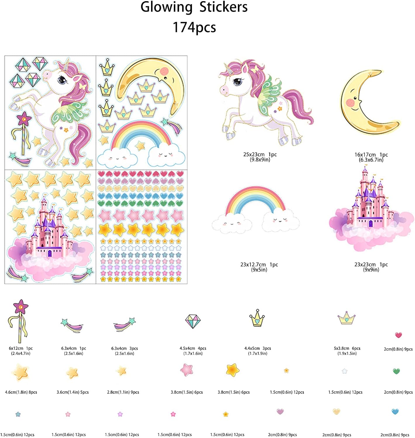 Glow in The Dark Stars and Unicorn Wall Decals, Glowing Castle Moon and Rainbow Stickers, 174 pcs Luminous Ceiling Decor for Kids Bedroom, Great Wall Decor for Girls and Boys Gift