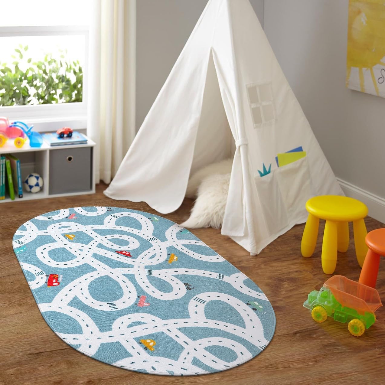 STARUIA Small Road Rug for Kids Room, 3'x5' Washable Kids Play Rug for Baby Nursery, Non-Slip Car Rugs for Playroom, Kid Play Mat Blue Traffic Carpet for Boys Girls Dorm Toy Room Tent