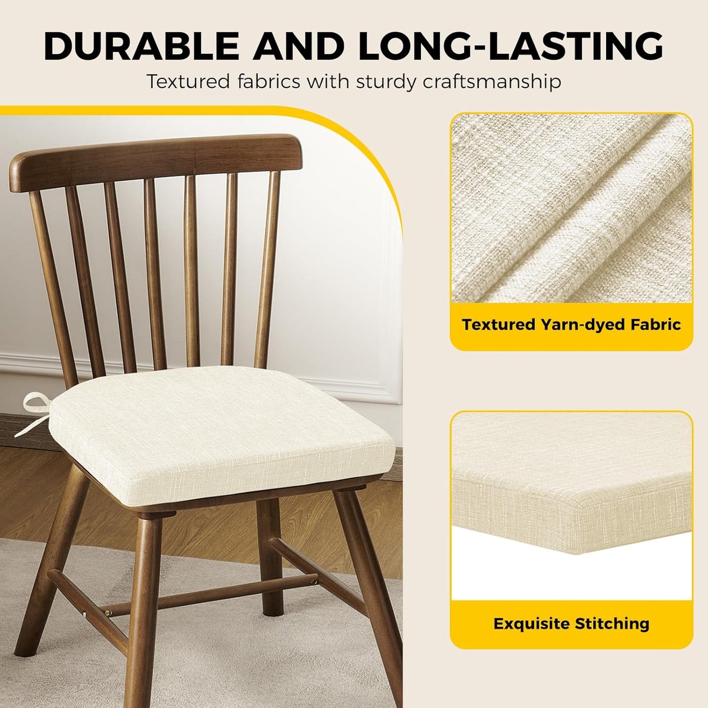downluxe Indoor Chair Cushions for Dining Chairs, Foam Kitchen Chair Pads with Ties and Non-Slip Backing, 16" x 16" x 2", Beige, 6 Pack