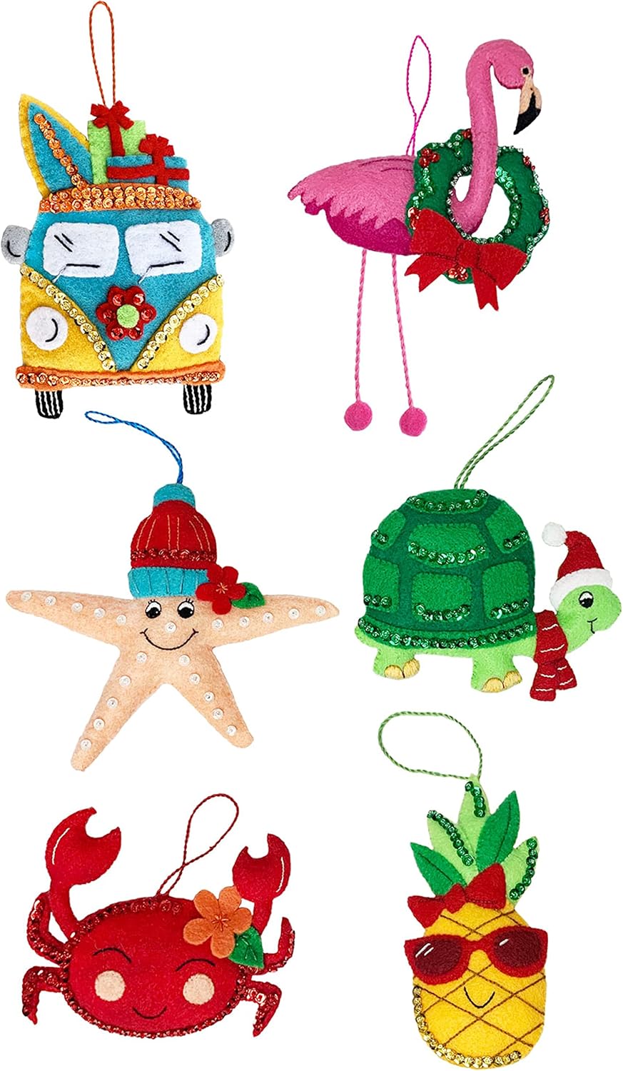 MerryStockings Tropical Tidings Felt Ornament Kit (Set of 6) โ DIY Christmas Craft with Pre-Stamped Felt, Sequins, Beads & Instructions โ Handmade Holiday Dรฉcor โ Made in USA