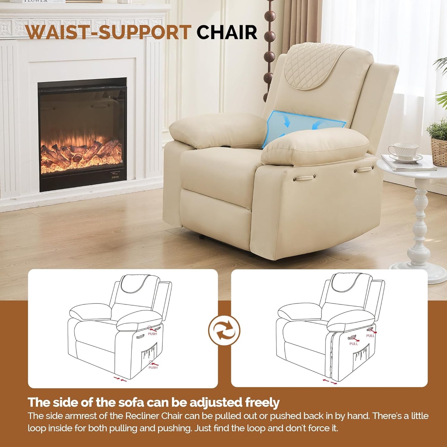 Recliner Chair with Electric Massage Adjustable Footrest & Heat, Manual Leather Recline for Adults Living Room Remote Control (Beige)