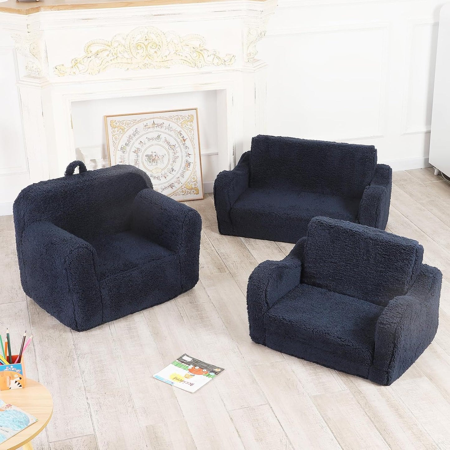 Kids Snuggly-Soft Sherpa Chair, Cuddly Toddler Foam Chair for Boys and Girls, Dark Blue