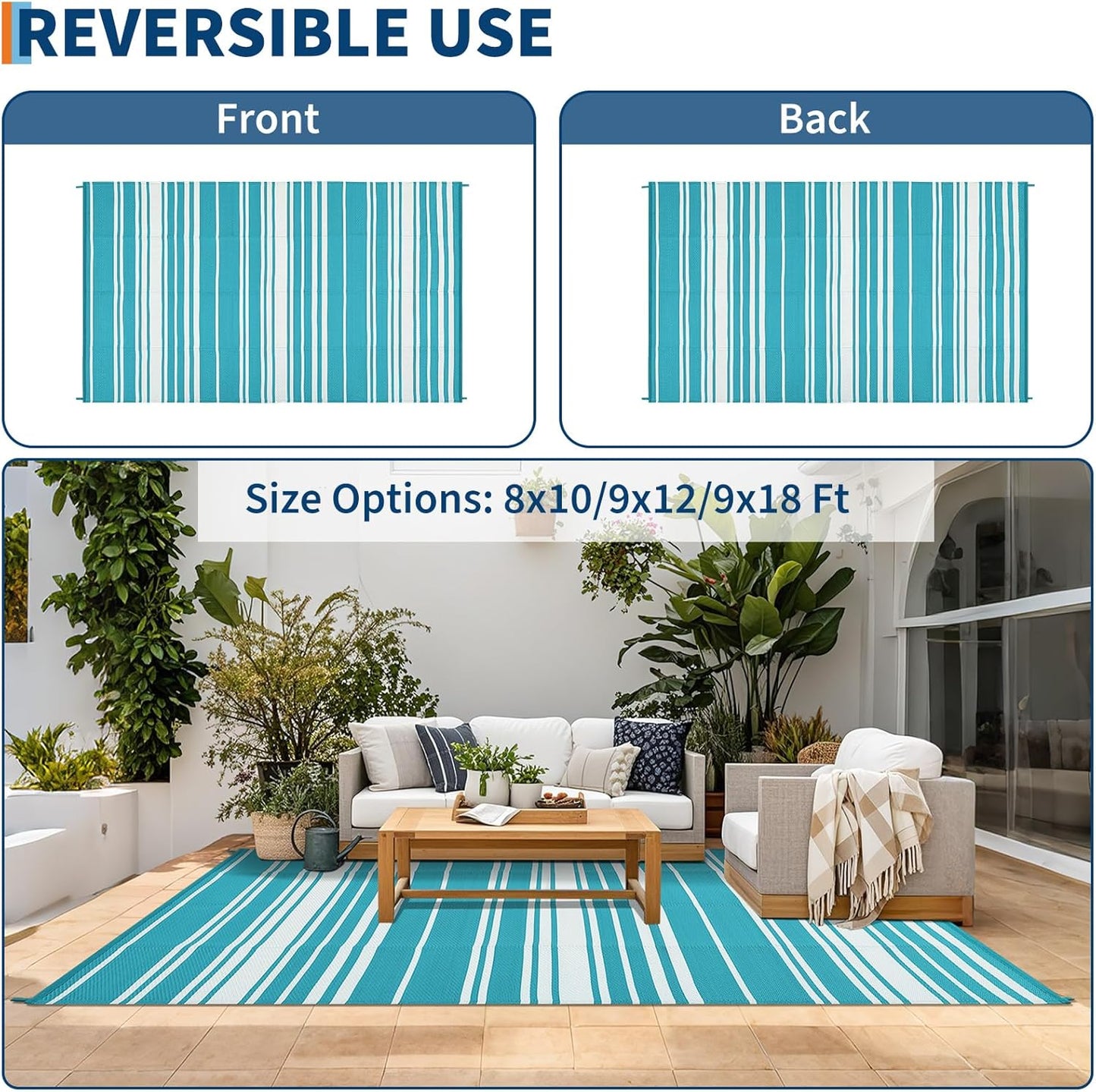 Outdoor Patio Rug 9x12 Stain-Resistant Reversible Camping Mat, Modern Striped Outdoor Plastic Straw Rug, Waterproof Outside Carpet, Easy to Clean for RV, Porch, Deck, Balcony, Light Blue