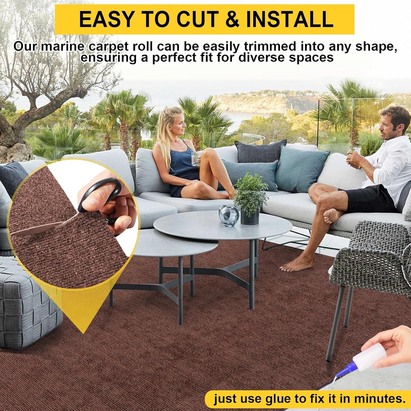Marine Carpet, 6 FT x 10 FT Brown Indoor Outdoor Surface 0.2" Thick Boat Carpet with Water-Proof TPE Backing, Non-Slip Marine Rug for Home, Patio, Porch, Deck