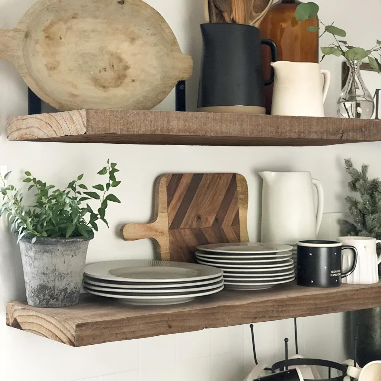 Floating Shelves, 8 Inch Deep Rustic Solid Reclaimed Wood Wall Shelves for Storage, Wall Mounted Display Shelving with Invisible Heavy-Duty Metal Bracket, 24 Inch Width Set of 2, Natural