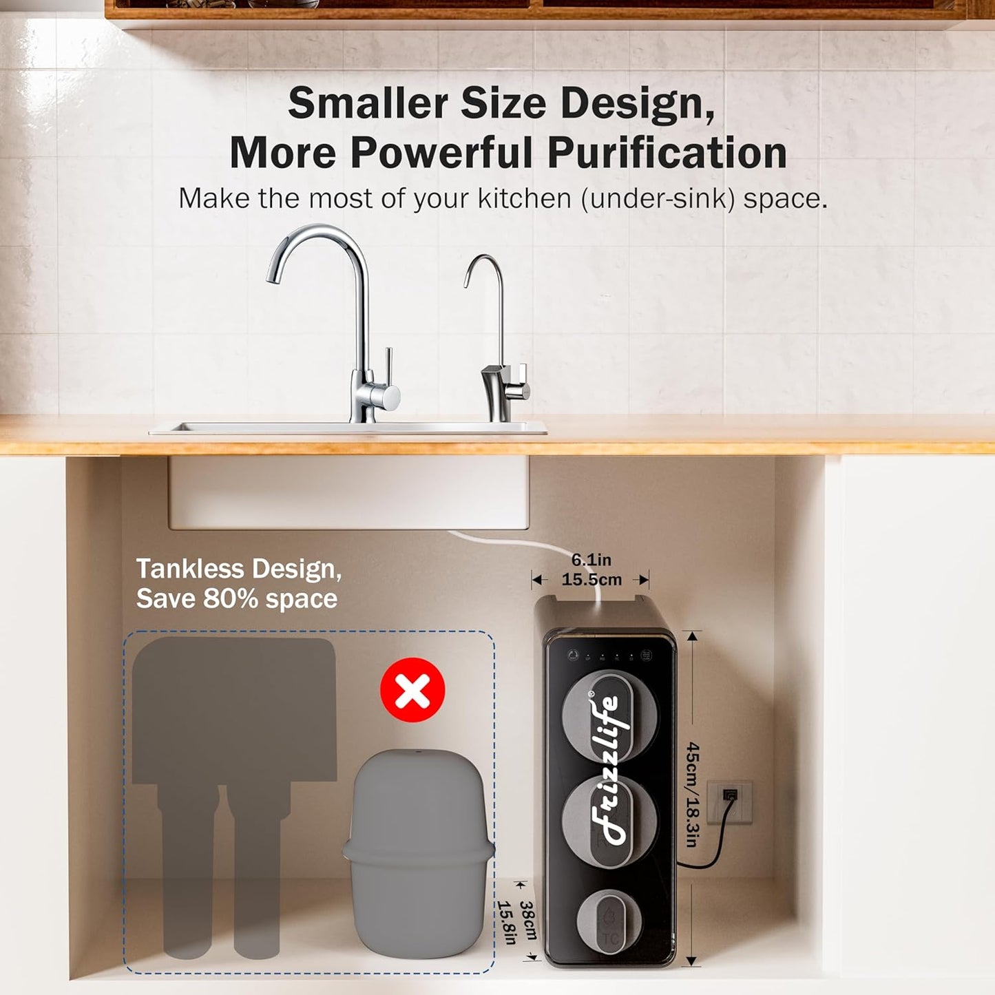 Frizzlife 1200GPD Reverse Osmosis Water Filter, 11-Stage Tankless Reverse Osmosis System, Under Sink RO Water Filtration System, 3:1 Pure to Drain, Smart Faucet, Reduce PFAS TDS, BPA Free, PD1200