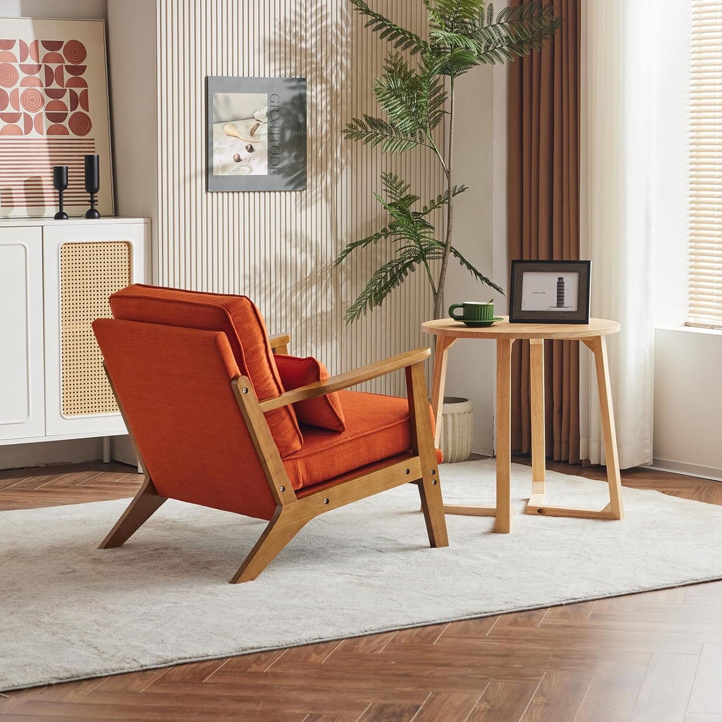 Karl home Accent Chair Wide Armrest Mid-Century Lounge Chair Linen Fabric Armchair with Lumbar Pillow & Solid Wood Frame for Living Room, Bedroom, Balcony, Burnt Orange