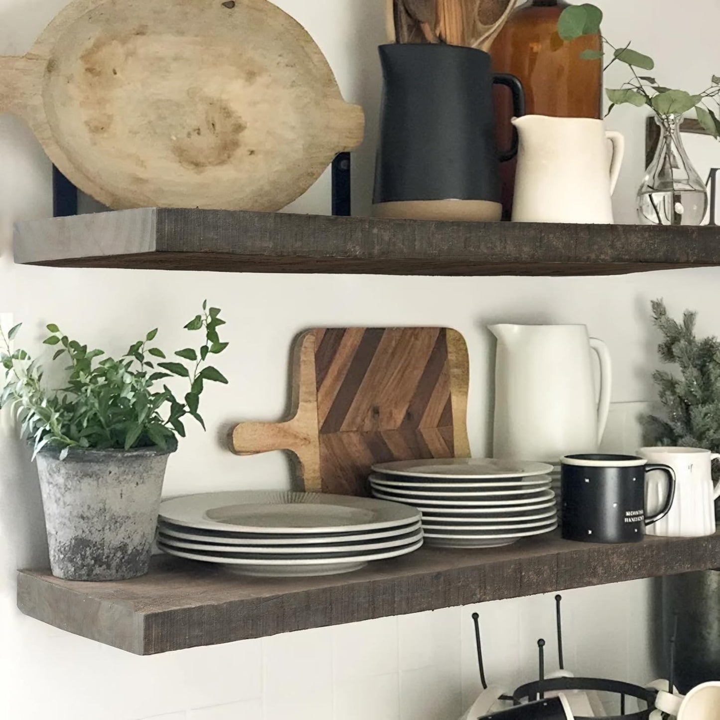 Floating Shelves, 8 Inch Deep Rustic Solid Reclaimed Wood Wall Shelves for Storage, Wall Mounted Display Shelving with Invisible Heavy-Duty Metal Bracket, 24 Inch Width Set of 2, Cement Grey