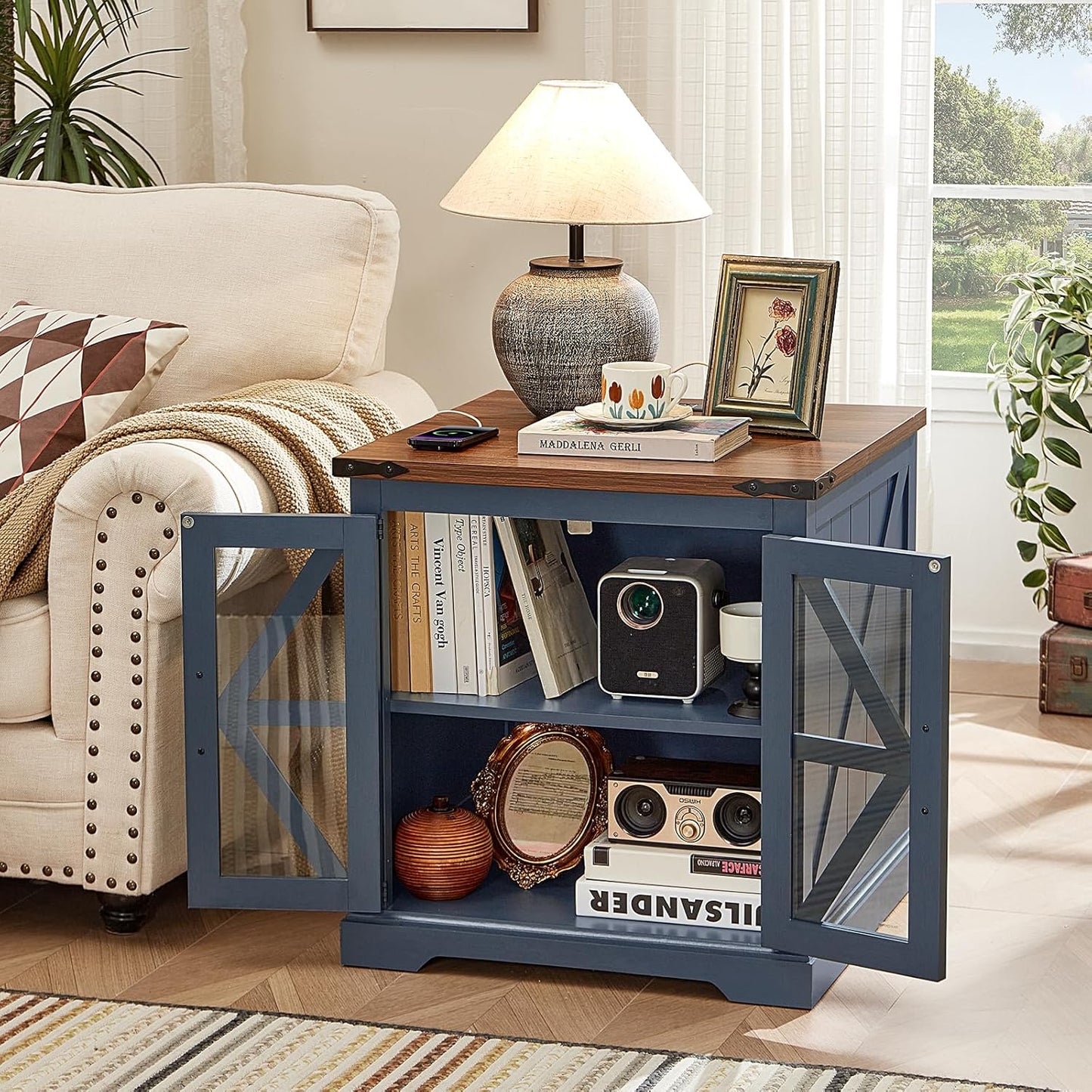 Farmhouse End Table Set of 2 with Charging Station, 24" Large Sofa Side Table with Glass Barn Door, Night Stand with Adjustable Shelf, Wood Nightstand, Square Bed Side Table for Living Room,Bedroom