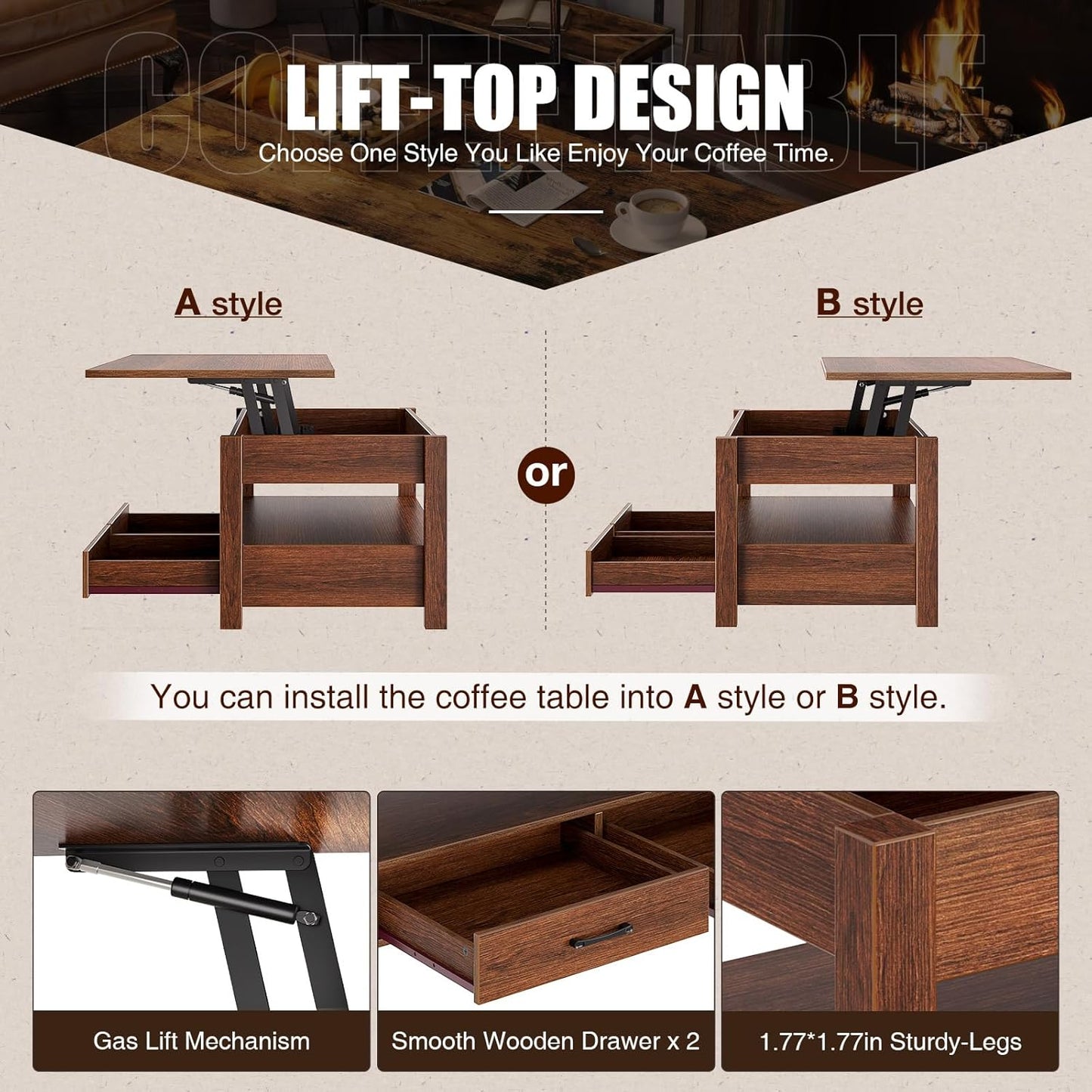 Rolanstar Coffee Table, 47.2" Lift Top Coffee Table with Drawers and Hidden Compartment, Retro Central Table with Wooden Lift Tabletop, for Living Room,Espresso