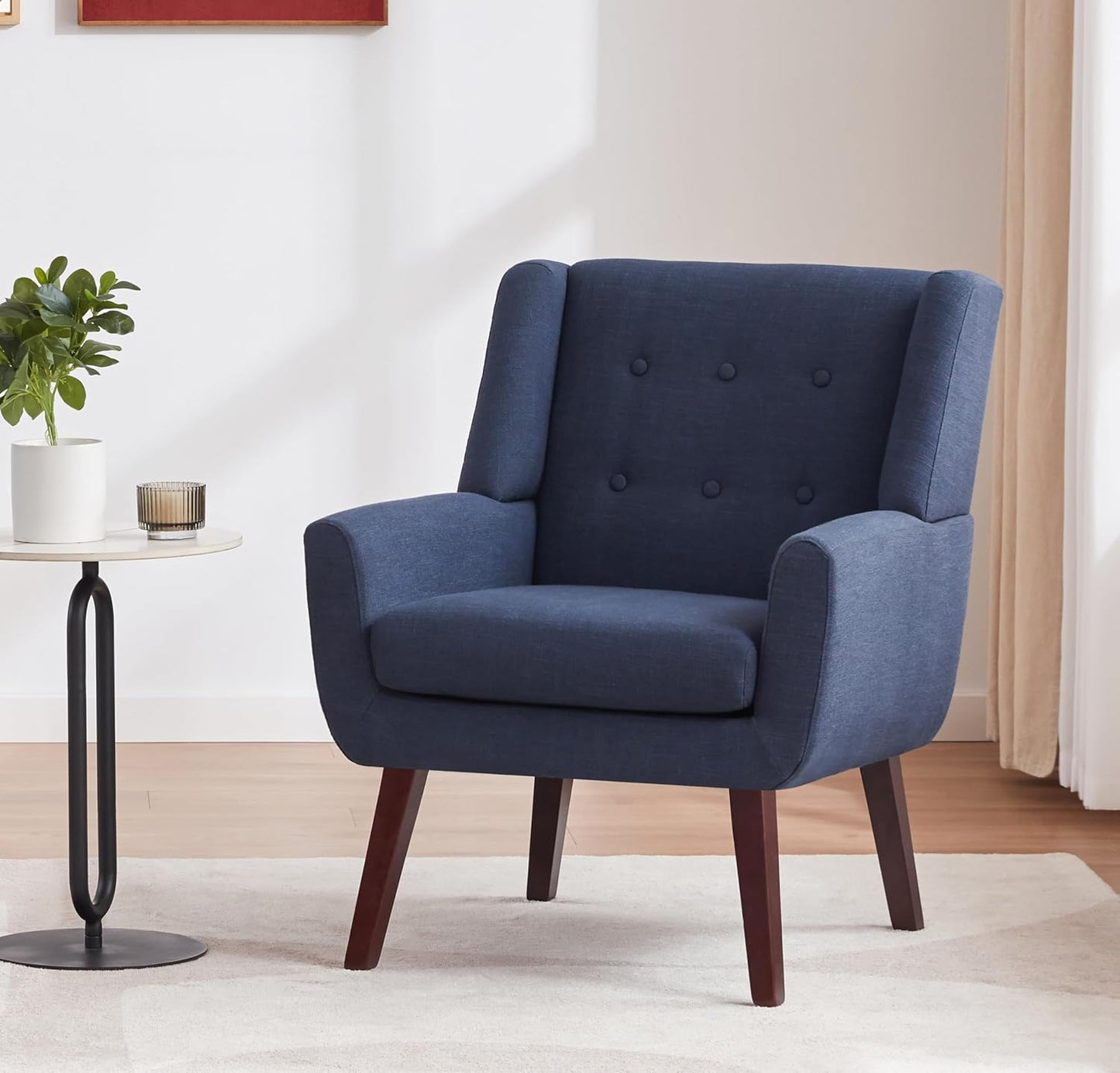 HUIMO Accent Chairs Set of 4, Upholstered Button Tufted Armchair, Linen Fabric Sofa Chairs for Bedroom, Living Room, Mid Century Modern Comfy Reading Chair (4, Dark Blue)