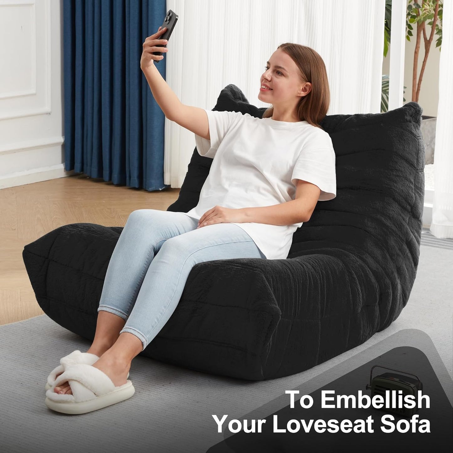 Bean Bag Chairs for Adults Giant Bean Bag Chair Memory Foam BeanBag Chair Big Bean Bag Sofa with Filler Faux Fur Fireside Beanbags Lazy Sofa for Living Room Bedroom Dorm Office (Black Plush)