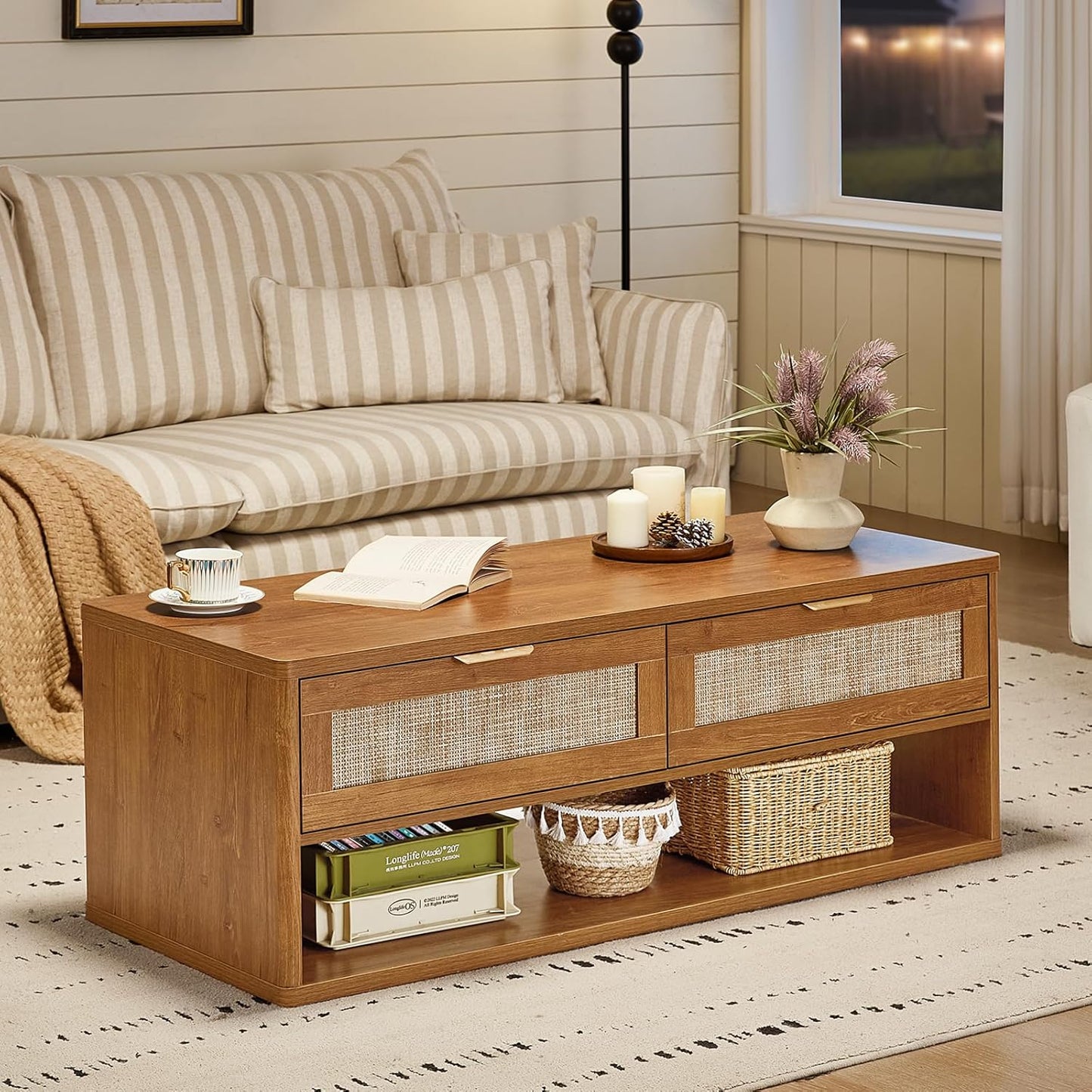 LEYAOYAO Boho Rattan Coffee Table and End Table Sets, 48" Wide Center Tables & 23" Night Stand with Charging Station Chest of Drawers, Brown Wood Coffee Table for Living Room 2 Piece Set