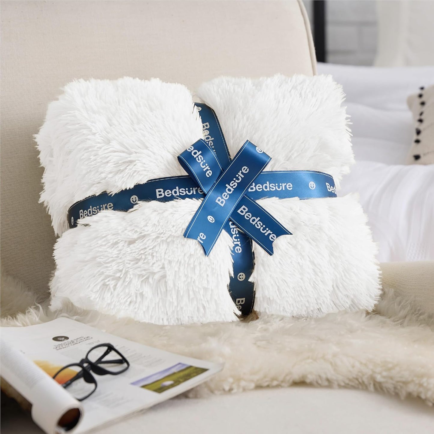Bedsure GentleSoft Fluffy White Blankets Queen Size for Bed, Thick Sherpa Faux Fur Fleece Fuzzy Plush Winter Warm Heavy Soft Queen Blankets, Bedroom Decor White Gifts Cozy Gifts for Women Men, 90x90