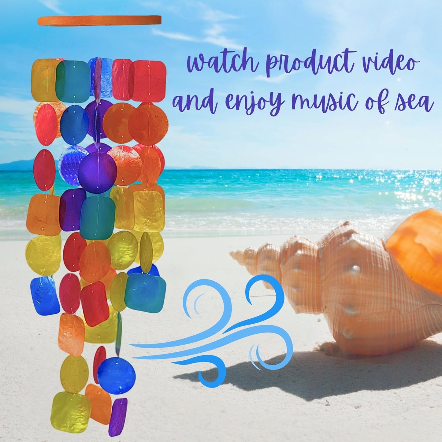 Bellaa 24872 Wind Chimes Outdoor, Garden Decorations, Musical, Indoor/Outside Windchimes, Beach, Ocean Breeze, Gifts for Mom, Gift for All Occasions, Sea Glass Shells Wood Red Blue Yellow White