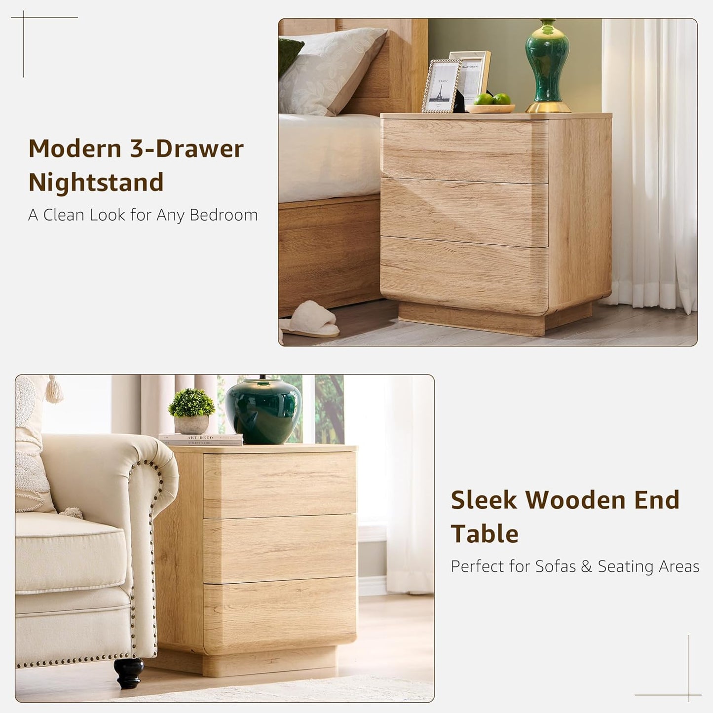 JXQTLINGMU 22" Modern Nightstand with Charging Station, Large Push-to-Open End Table, Wood Bedside Table w/Curved Profile Design, Handleless 3 Drawer Night Stand for Bedroom, Living Room, Natural Oak