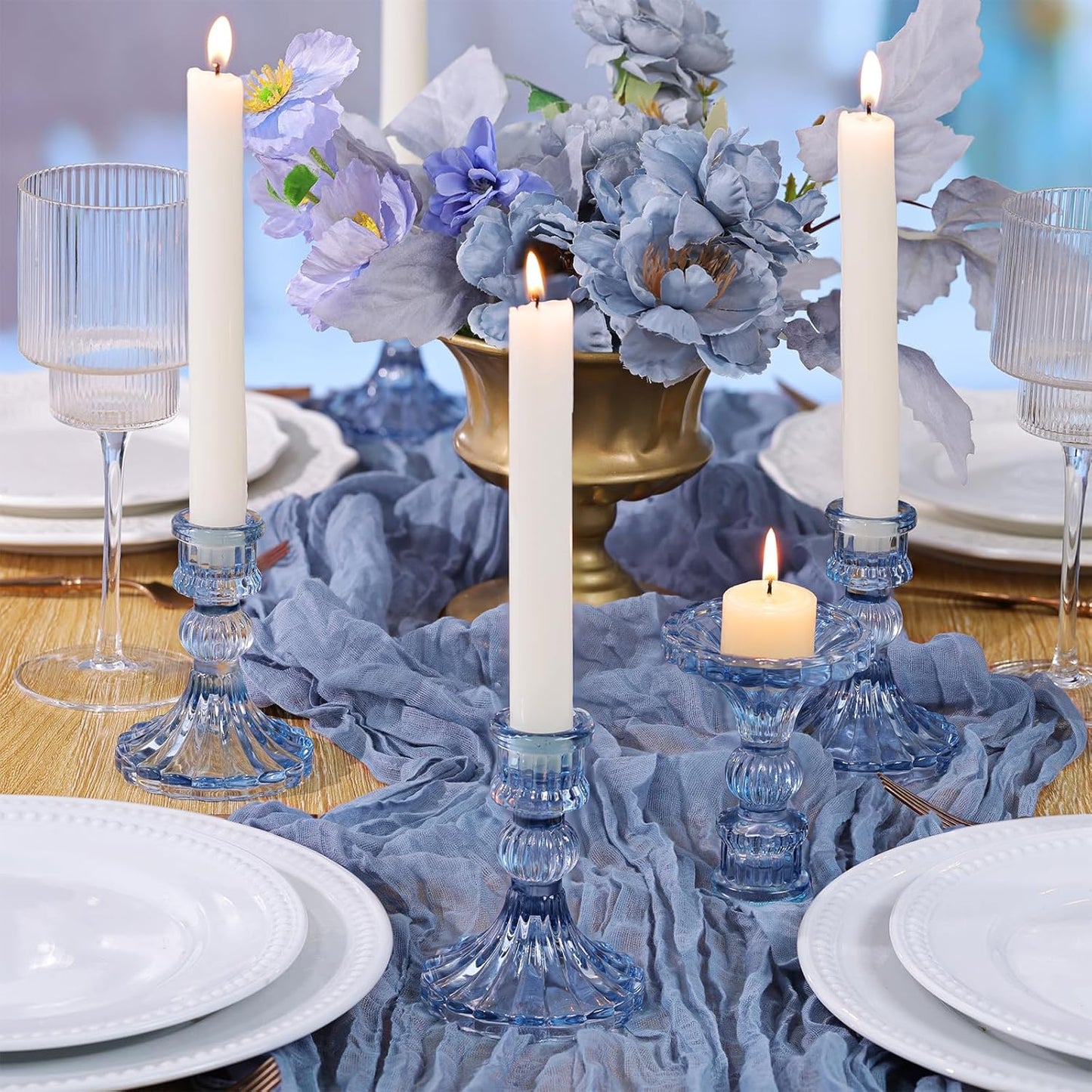 12PCS Blue Candlestick Holders Set- 4" H Taper Candle Holders, Glass Candle Holders Bulk for Wedding, Party, Home Table Centerpieces, Festival Gifts & Windowsill Decor