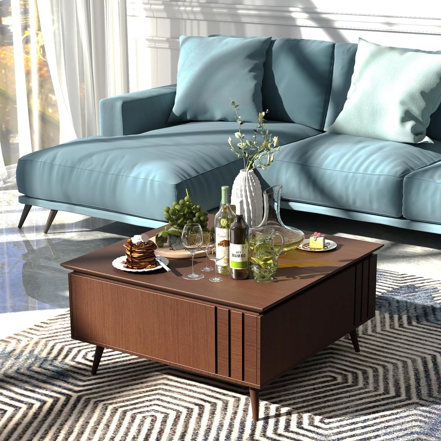 36.2" Lift Top Coffee Table with Storage, Large Square Coffee Tables with Hidden Compartment, Mid Century Modern Center Table for Home Office,Living Room,Dark Walnut