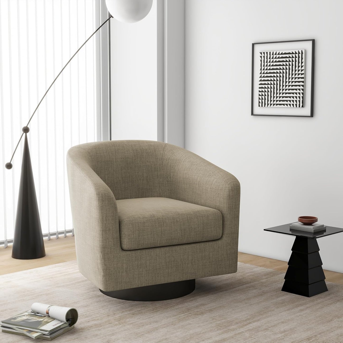 Swivel Barrel Accent Chair, Modern Round Linen Arm Chair for Living Room, Bedroom, Comfy Club Reading Chairs for Adults(Linen Fabric, Light Brown, Set of 4