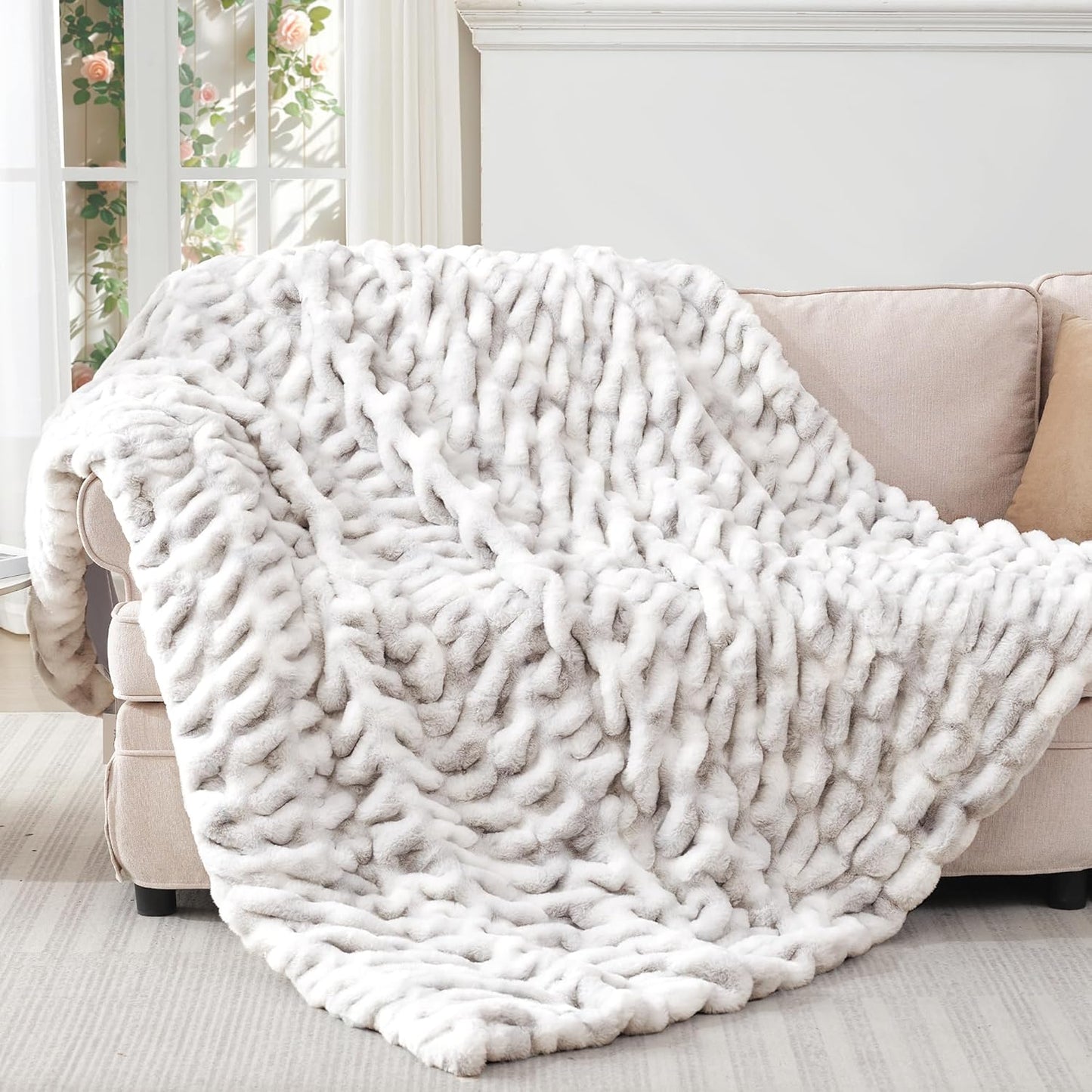 Touchat Ruched Faux Rabbit Fur Throw Blanket, 700 GSM Luxury Dual-Sided Soft Cozy Blanket, Fuzzy Fluffy Plush Blanket for Bed, Couch and Sofa - 50"x60", Tie-dye Gray