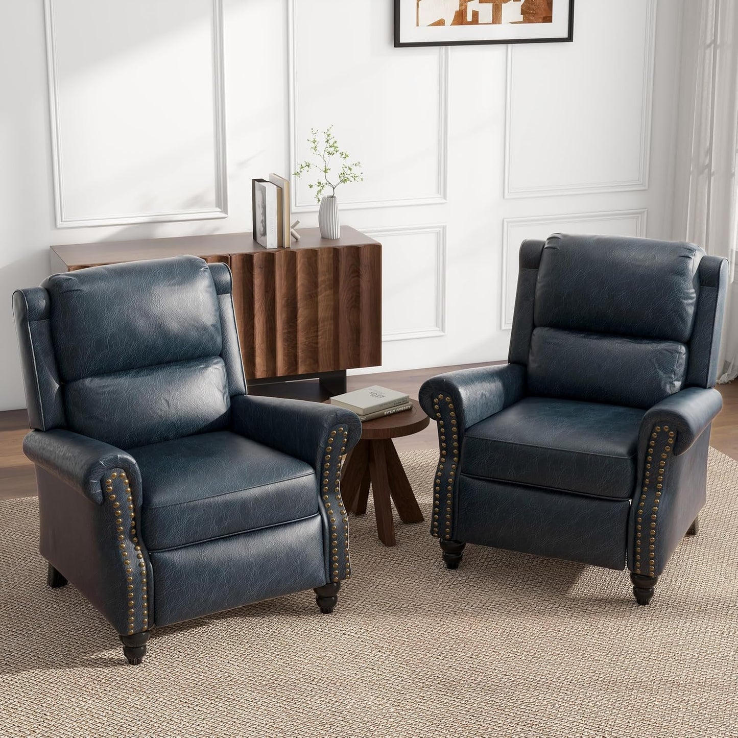 UIXE Pushback Recliner Chair, Faux Leather Armchair Overstuffed Accent Chair for Living Room, Rivet Trim Club Chair Home Theater Single Sofa Bedroom Side Reading Seat - Navy Blue