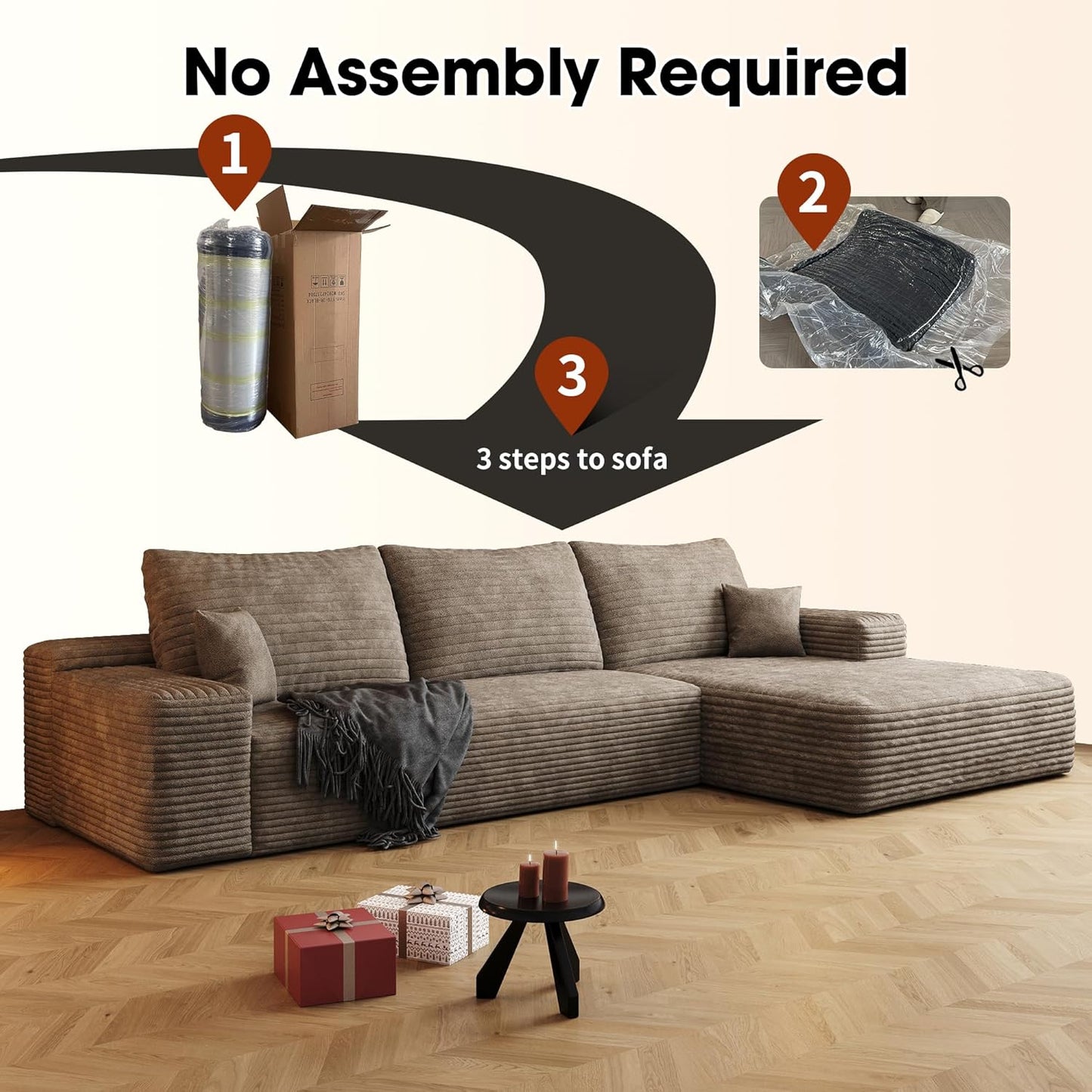 108" Sectional Couches for Living Room Modern Modular Sofa with L-Shape Couchs Upholstered Boneless Couch Deep Seat Sectional Couch with Chaise (Camel, Right Facing Chaise+2Seaters)