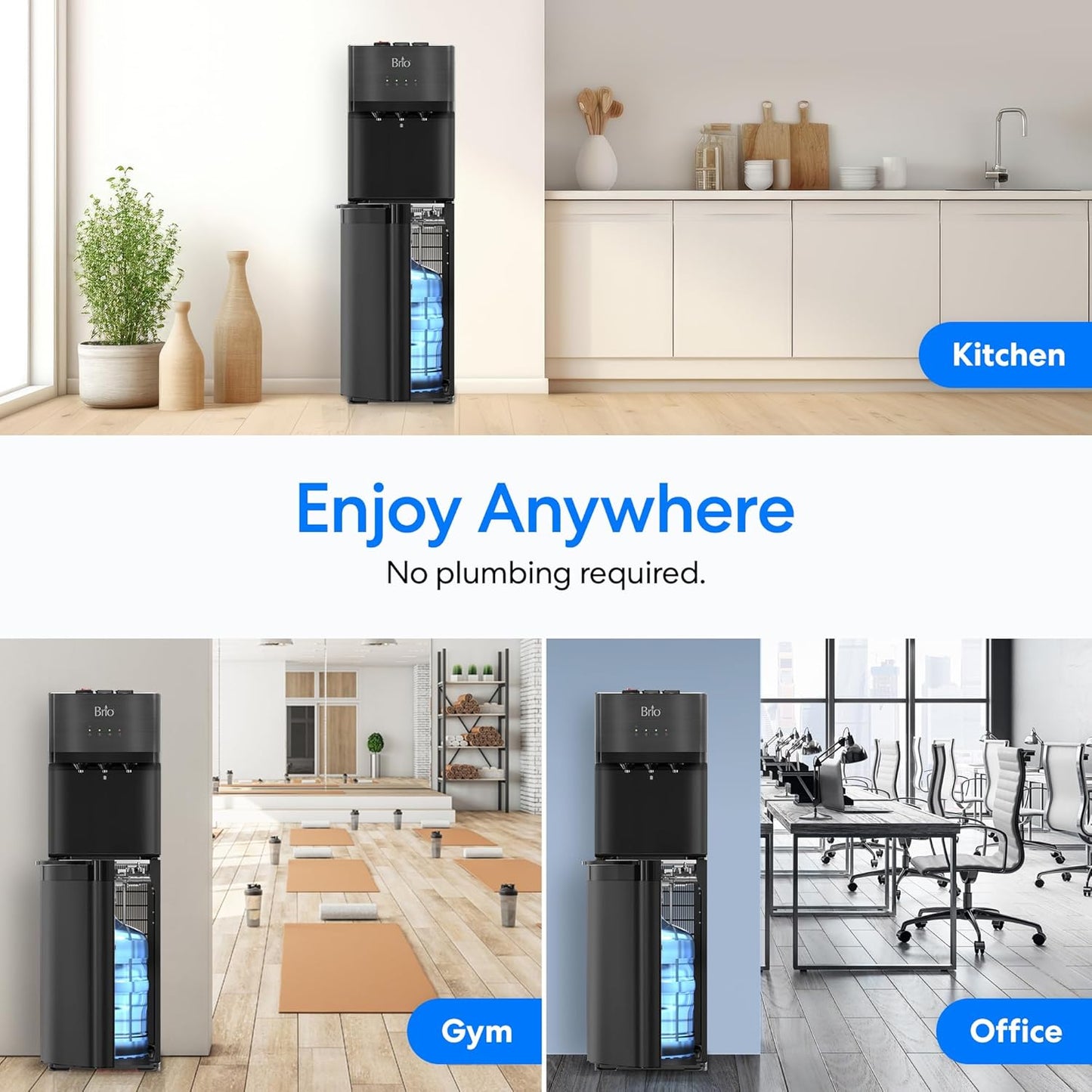 Brio Self Cleaning Bottom Loading Water Cooler Water Dispenser – Black Stainless Steel - 3 Temperature Settings - Hot, Room & Cold Water