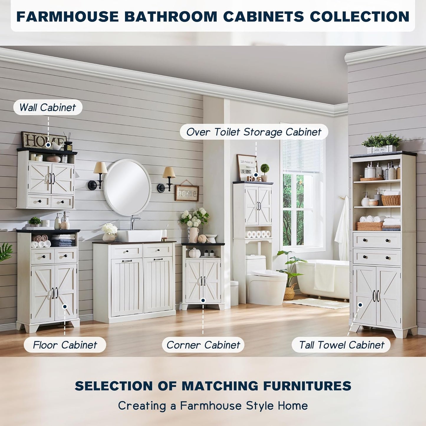 Bathroom Floor Cabinet, Farmhouse Storage Cabinet, 24" Wide Cabinet with Drawer, Adjustable Shelf, Barn Doors, Cabinets for Bathroom, Kitchen, Living Room, Off White