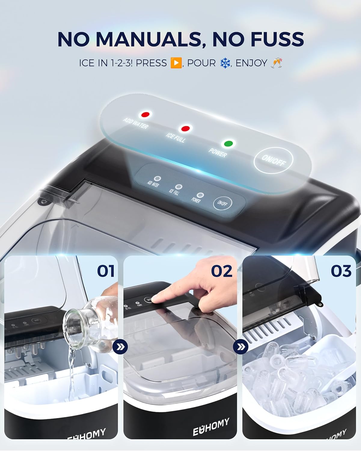 EUHOMY Countertop Ice Maker Machine with Handle, 26lbs in 24Hrs, 9 Ice Cubes Ready in 6 Mins, Auto-Cleaning Portable Ice Maker with Basket and Scoop, for Home/Kitchen/Camping/RV. (Black)