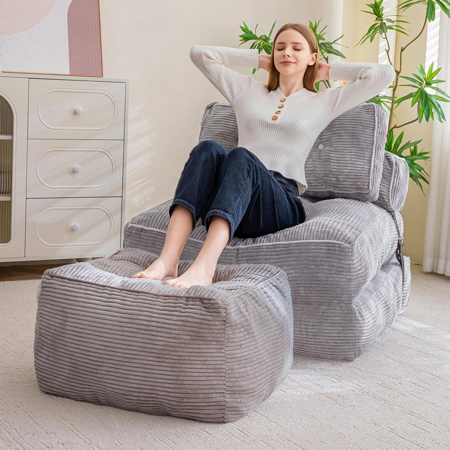 HIGOGOGO Square Stuffed Pouf Ottoman, Corduroy Poufs with Foam Chunk Filling, Furry and Fluffy Pouf Foot Stool Storage Ottoman, 25.6 X 25.6 Floor Poufs Foot Rest for Living Room, Grey