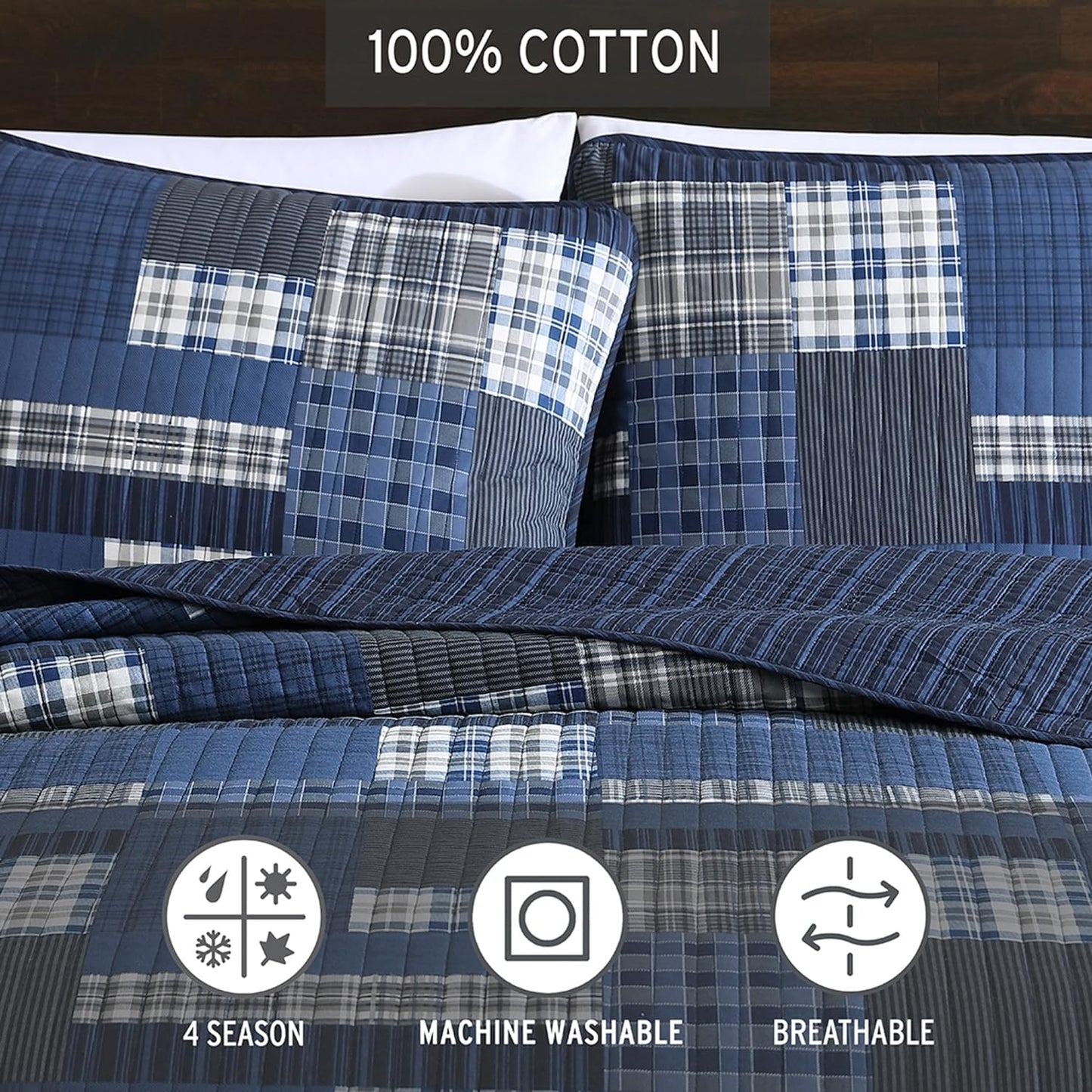 Eddie Bauer - King Quilt Set, Reversible Cotton Bedding with Matching Shams, Lightweight Home Decor for All Seasons (Eastmont Navy, King)