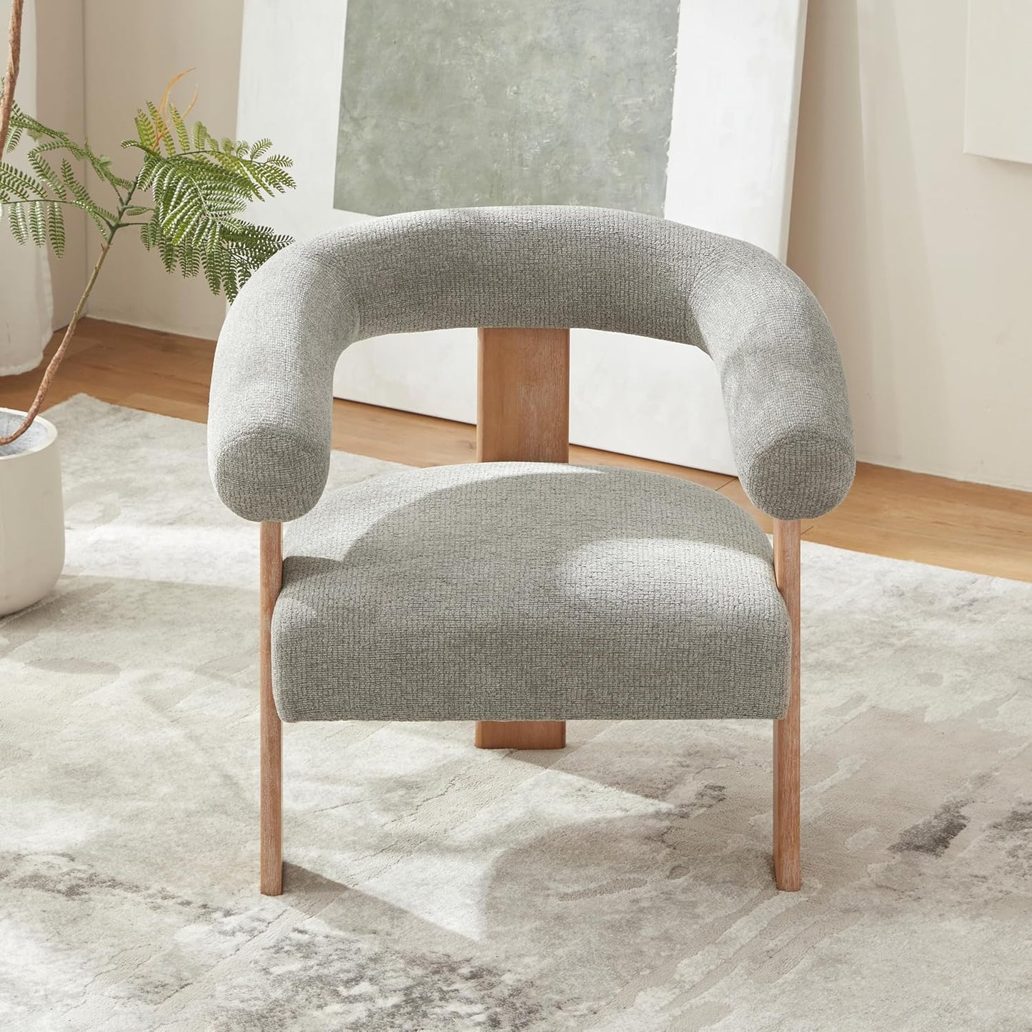 VKNOW Accent Chair Living Room Chair Set of 2, Modern Upholstered Armchair with Solid Wood Legs, Comfy Barrel Arm Chairs for Living Room Bedroom, Light Grey