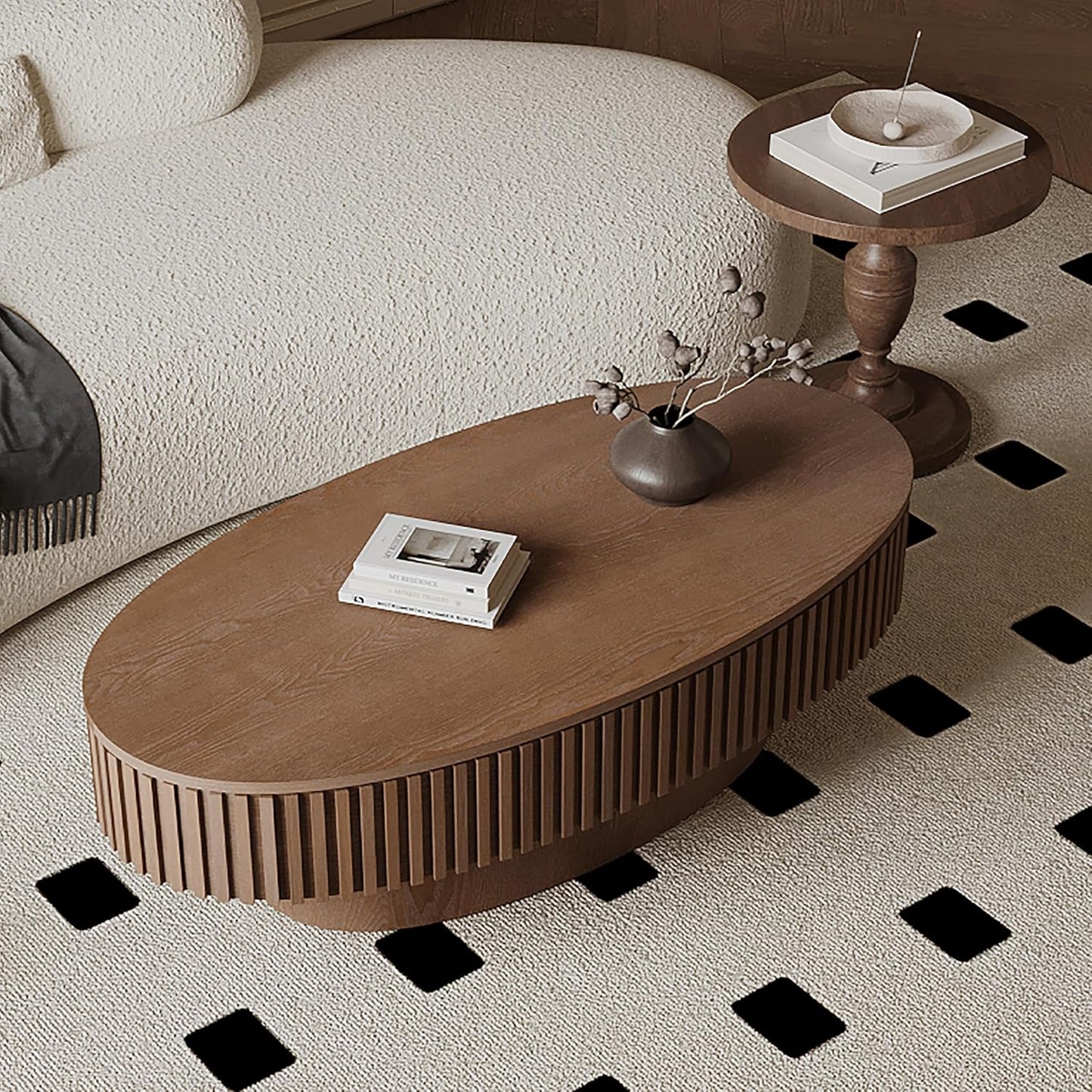 47.2''Oval Coffee Table with Storage, Mid Century Modern Fluted Drum Center Tables with Lid, Solid Wood Side Pedestal Coffee Table Tea Table for Living Room, Bedroom, Apartment-Walnut